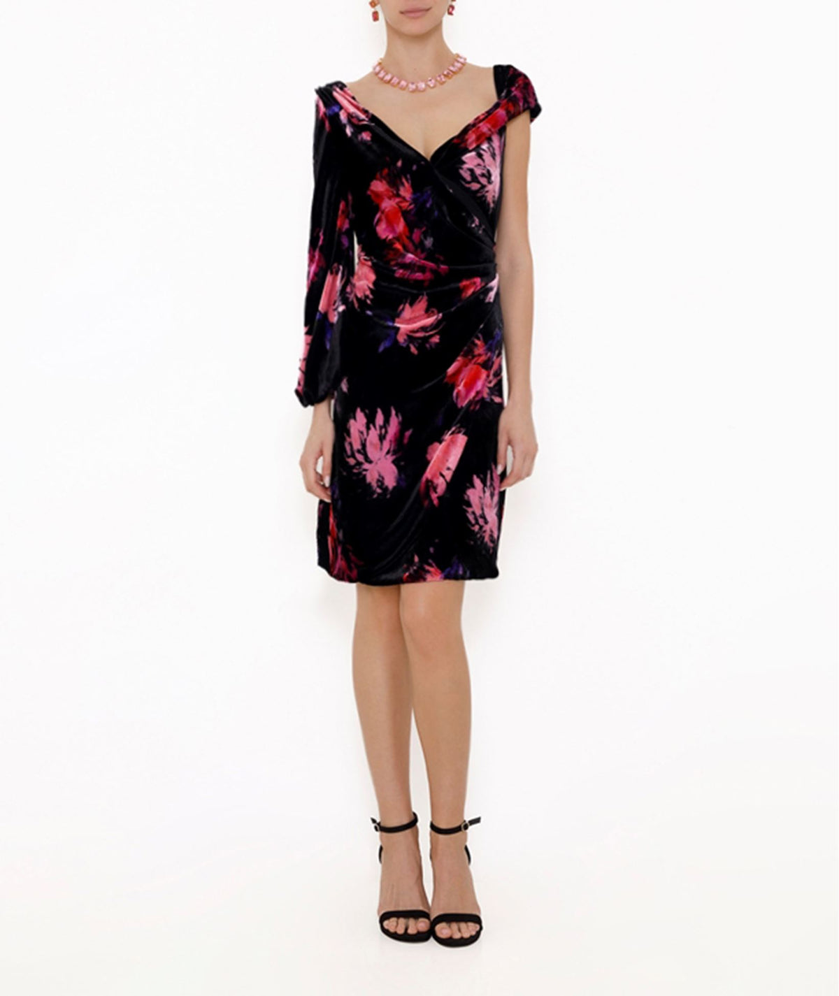 Costarellos | Black and pink flowers silk-velvet Almodine dress