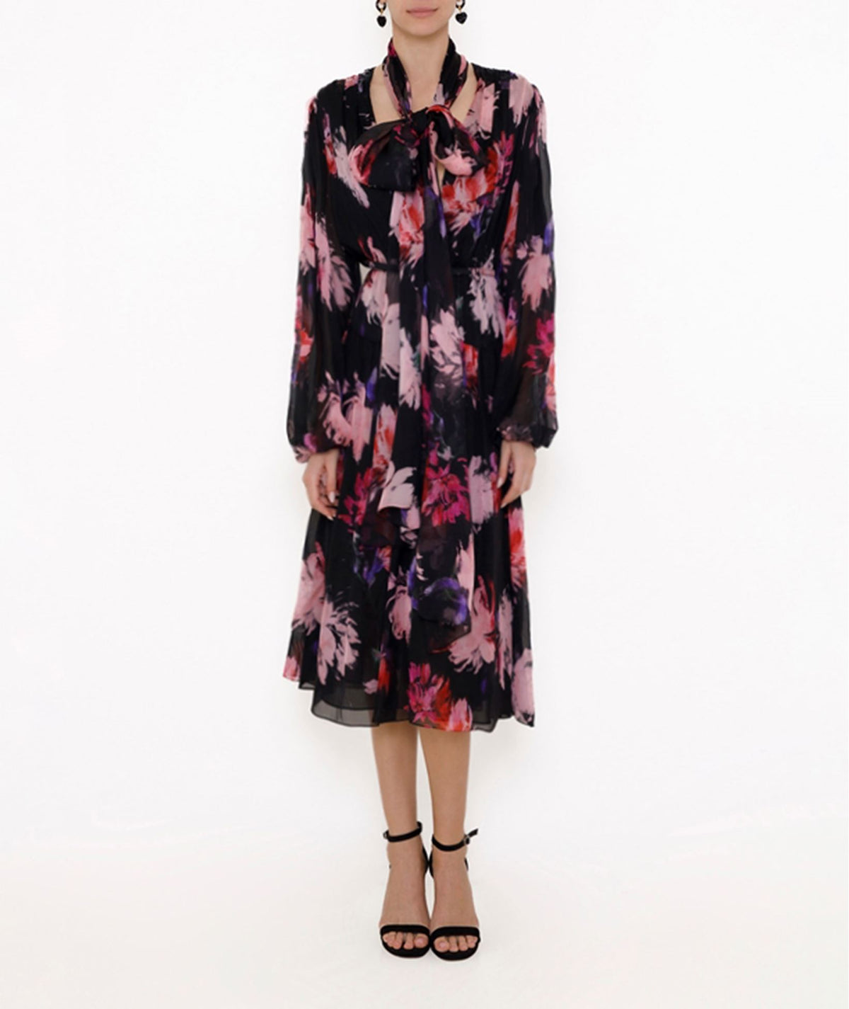 Costarellos | Black pink floral silk georgette Halie dress