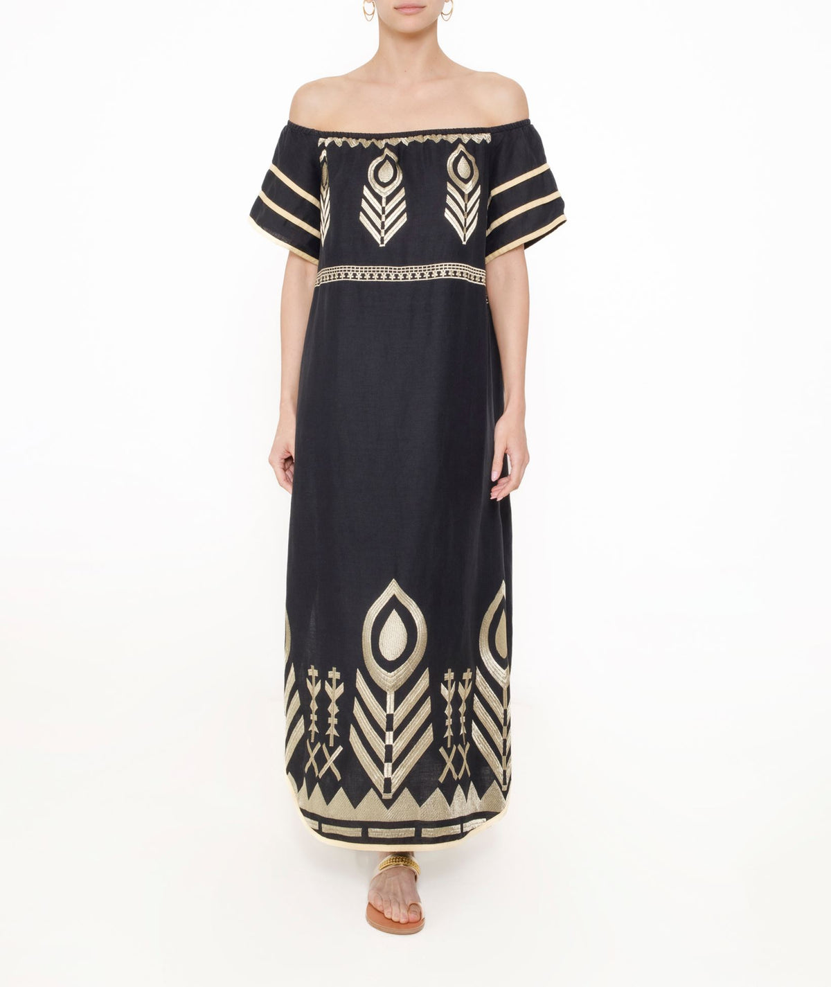 Greek Archaic Kori | Black gold linen embroidered Feather off shoulder midi dress