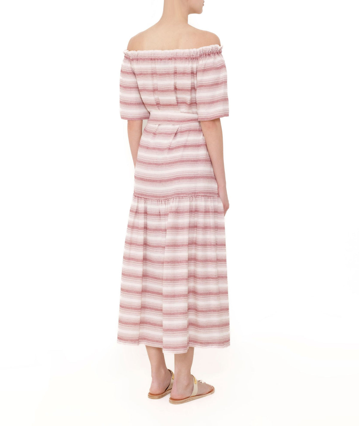 Ancient Kallos | White red striped cotton off shoulder Psara dress