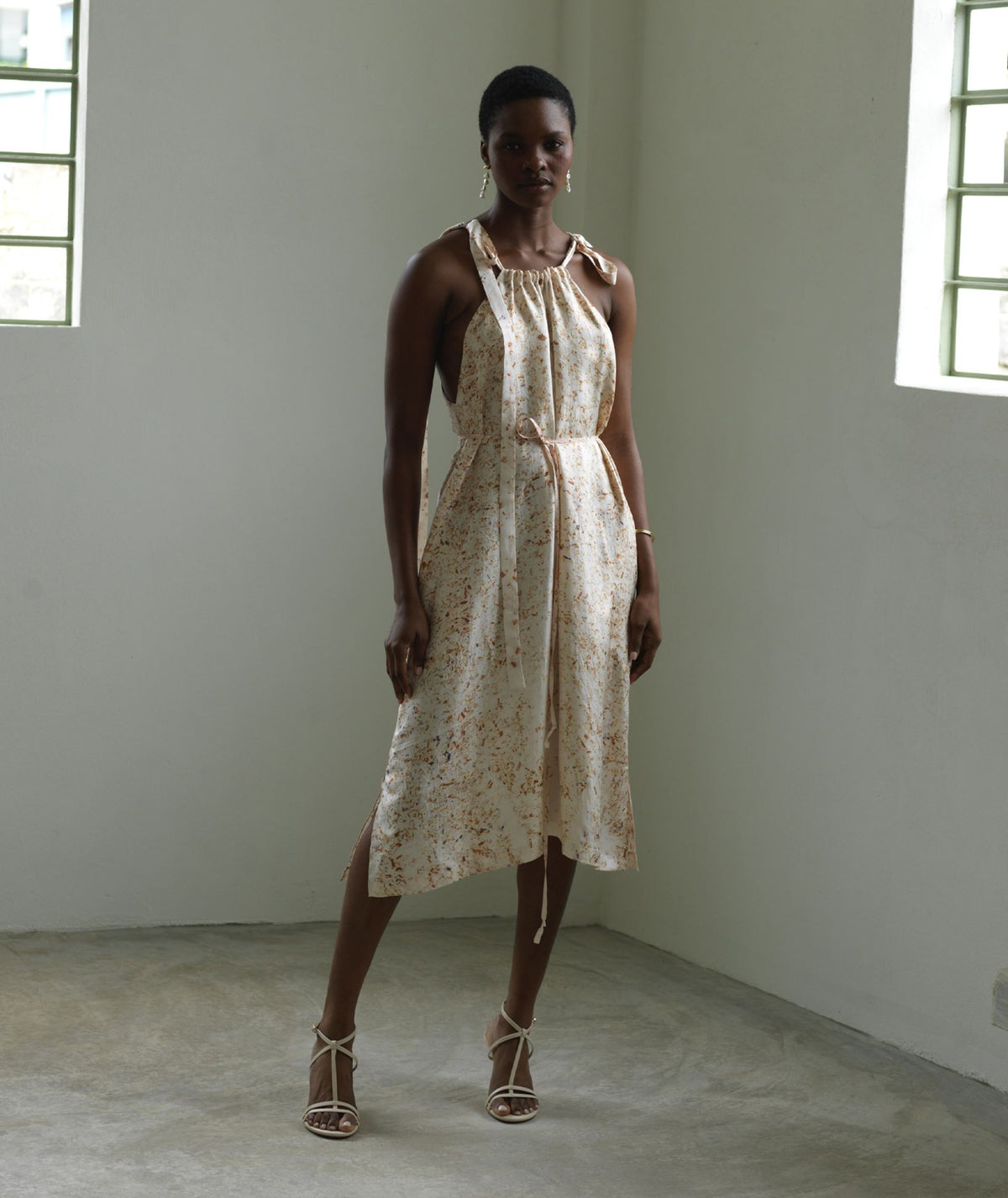 Angelos Tsakiris | Ivory eco- printed flowers silk halter midi dress