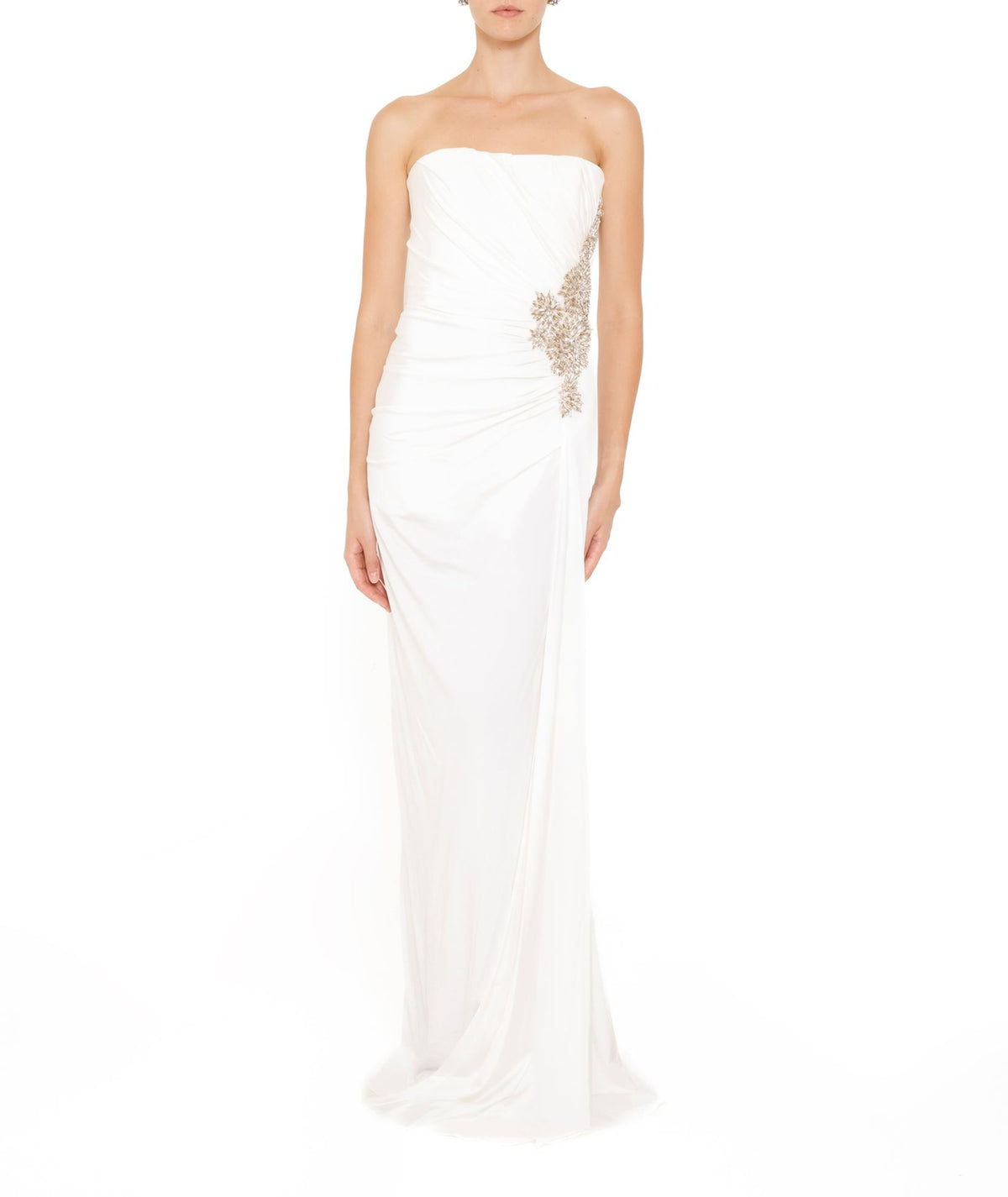 Costarellos | Ivory jersey crystal-embellished Elettra strapless gown