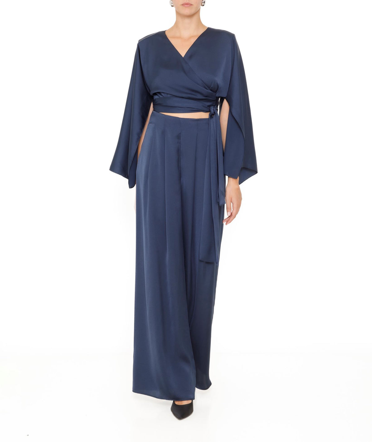Angelos Tsakiris | Blue satin wrap blouse