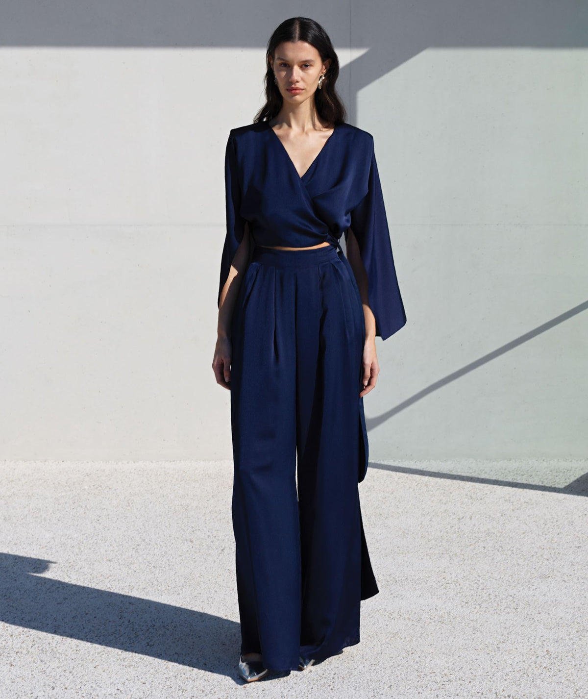 Angelos Tsakiris | Blue satin wrap blouse