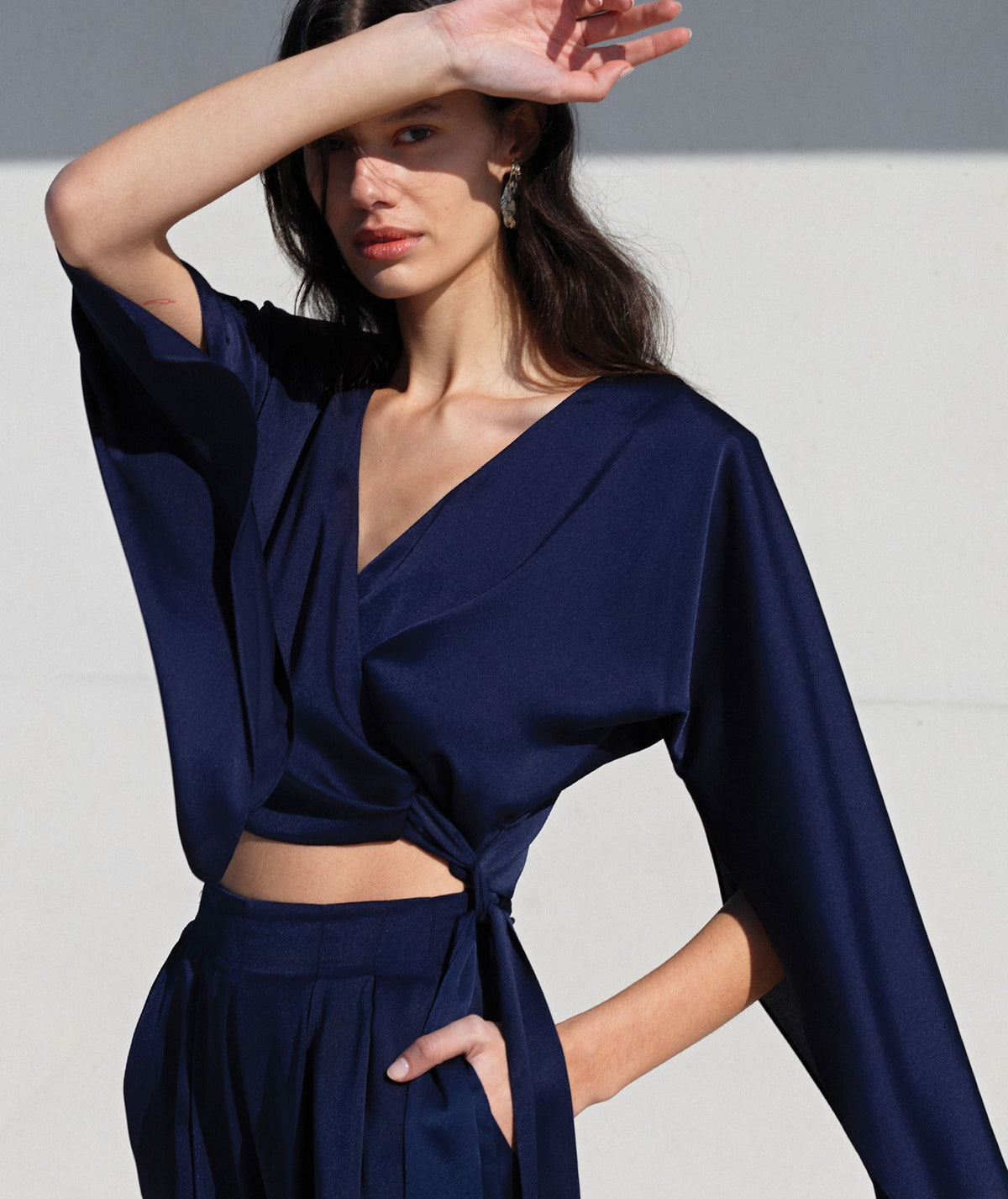 Angelos Tsakiris | Blue satin wrap blouse