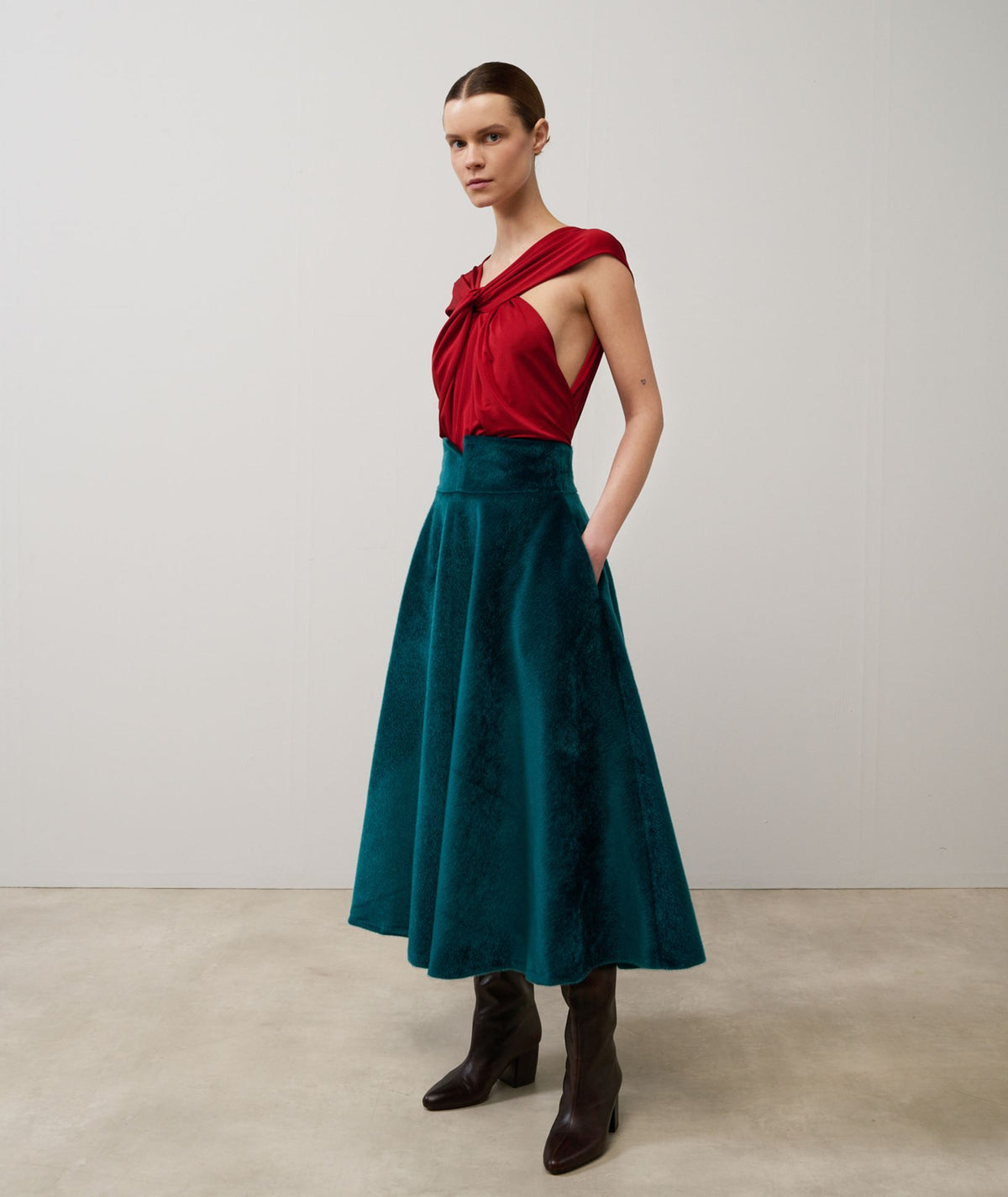 Stelios Koudounaris | Red draped knot bodysuit