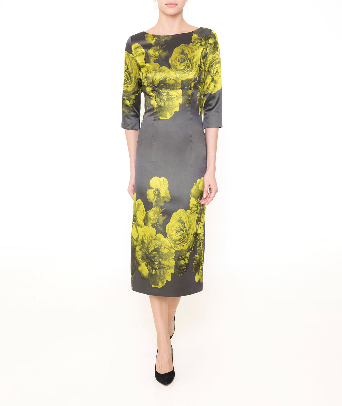 Maison Zoulias | Grey yellow lime floral rasmir Jacky B midi dress