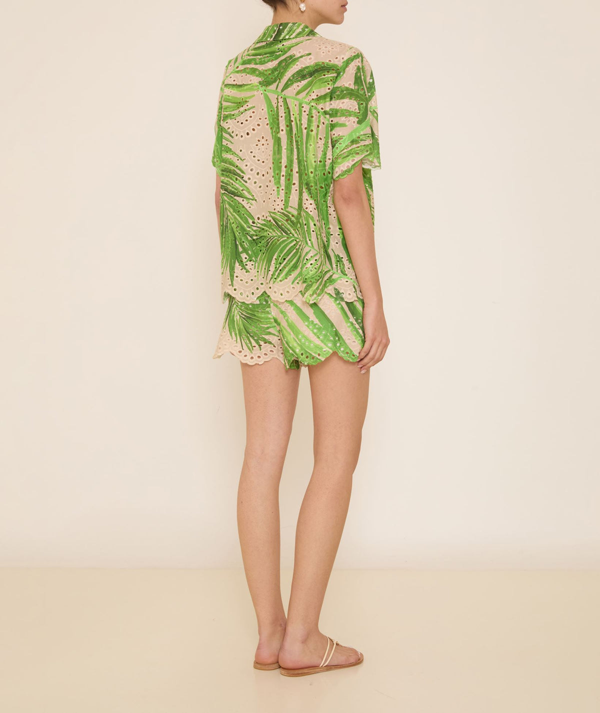 Pearl & Caviar | Ivory green printed broderie cotton Tropical shortsleeved shirt
