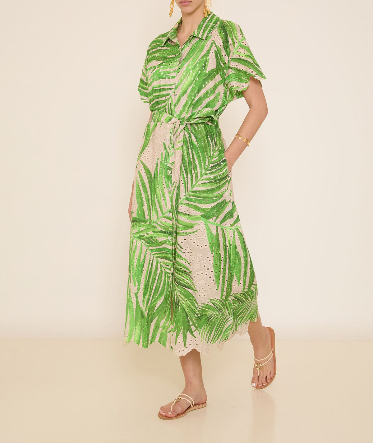 Pearl & Caviar | Ivory green printed broderie cotton Tropical midi dress