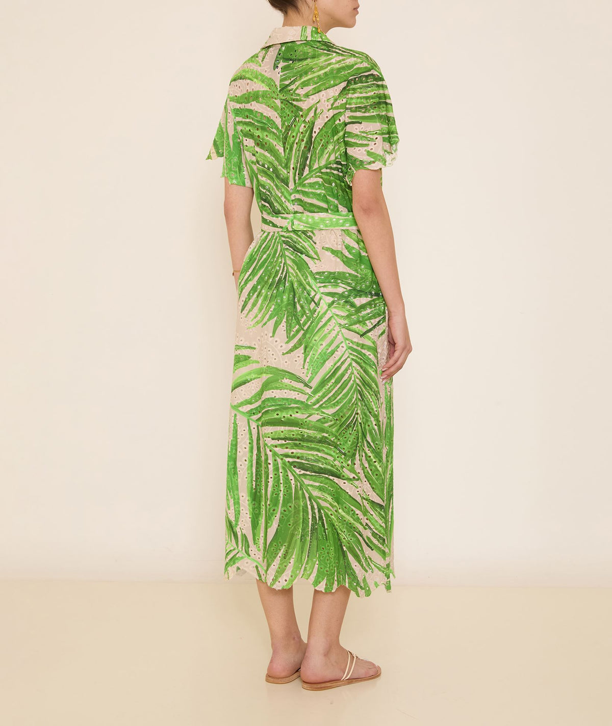 Pearl & Caviar | Ivory green printed broderie cotton Tropical midi dress