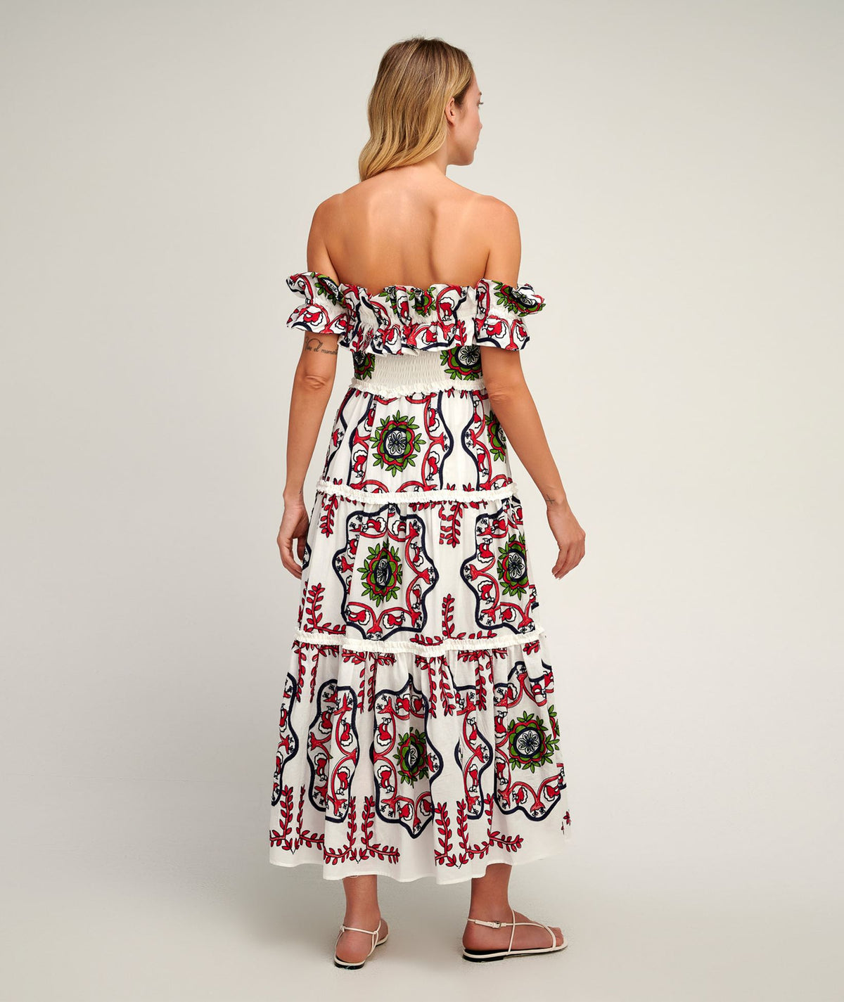Pearl & Caviar | White red embroidered cotton off shoulder Samarina dress