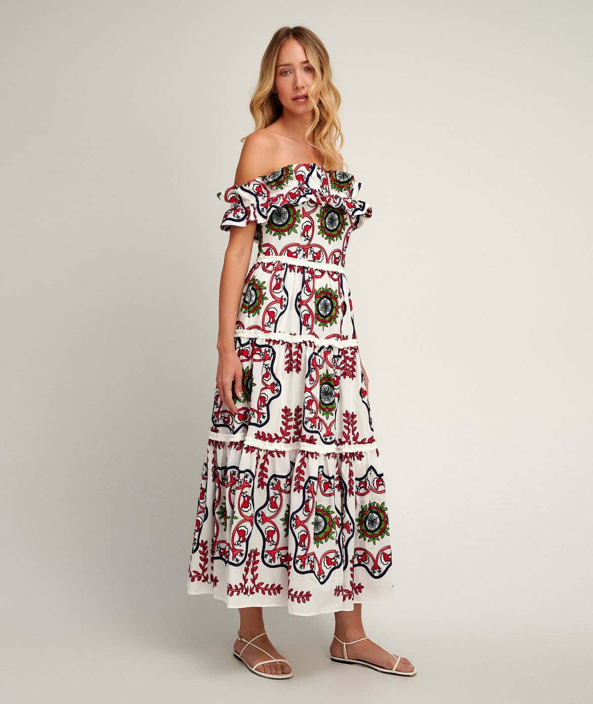 Pearl & Caviar | White red embroidered cotton off shoulder Samarina dress