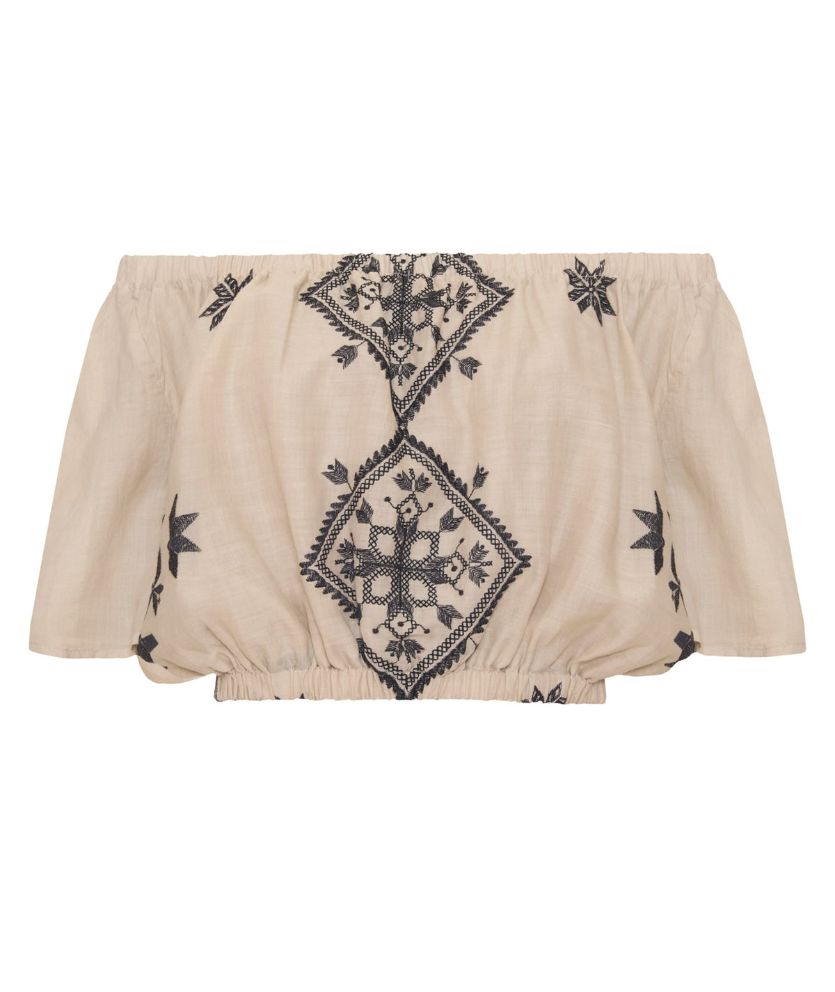 Greek Archaic Kori | Beige black embroidered Lefkada off shoulder top