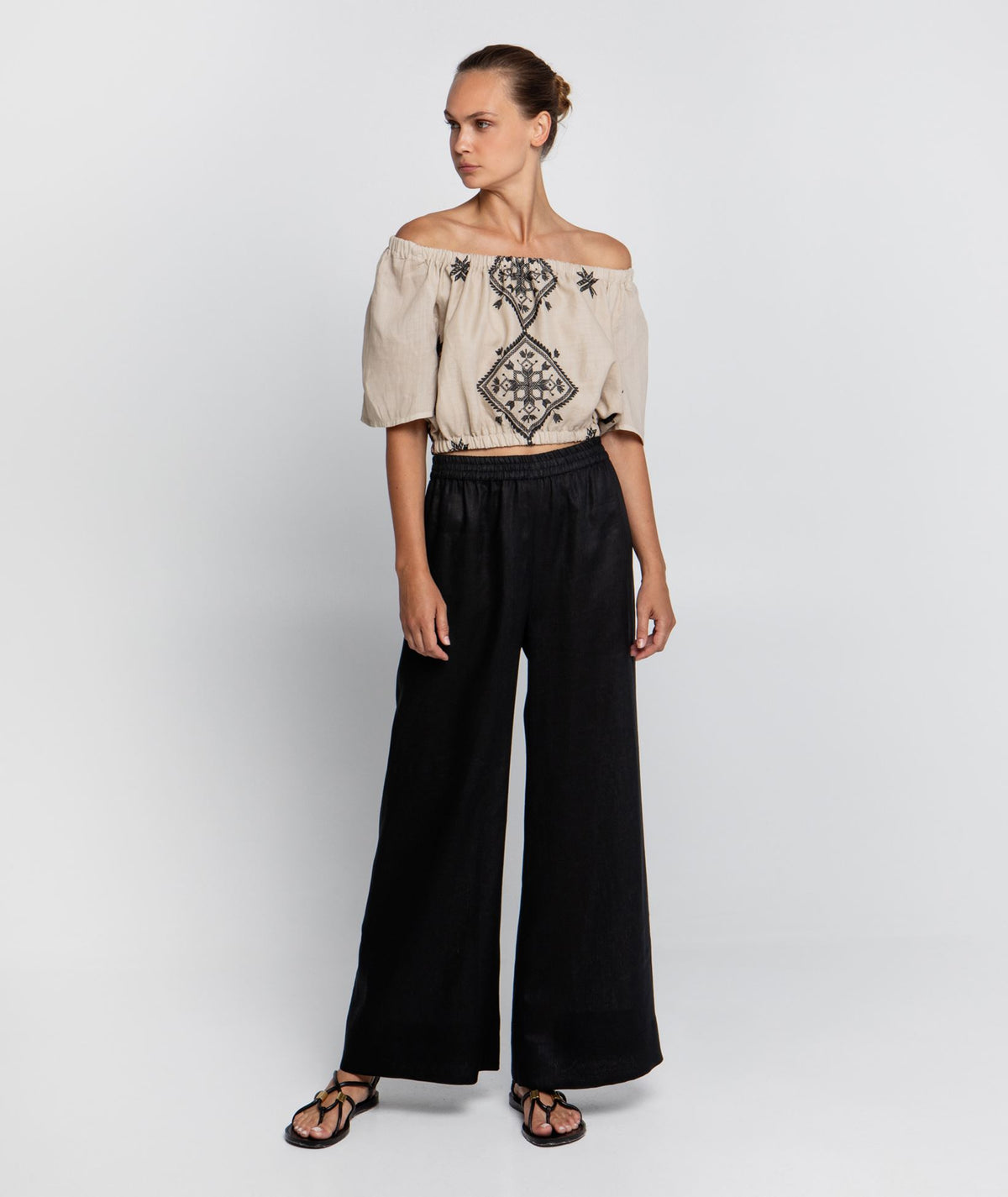Greek Archaic Kori | Beige black embroidered Lefkada off shoulder top