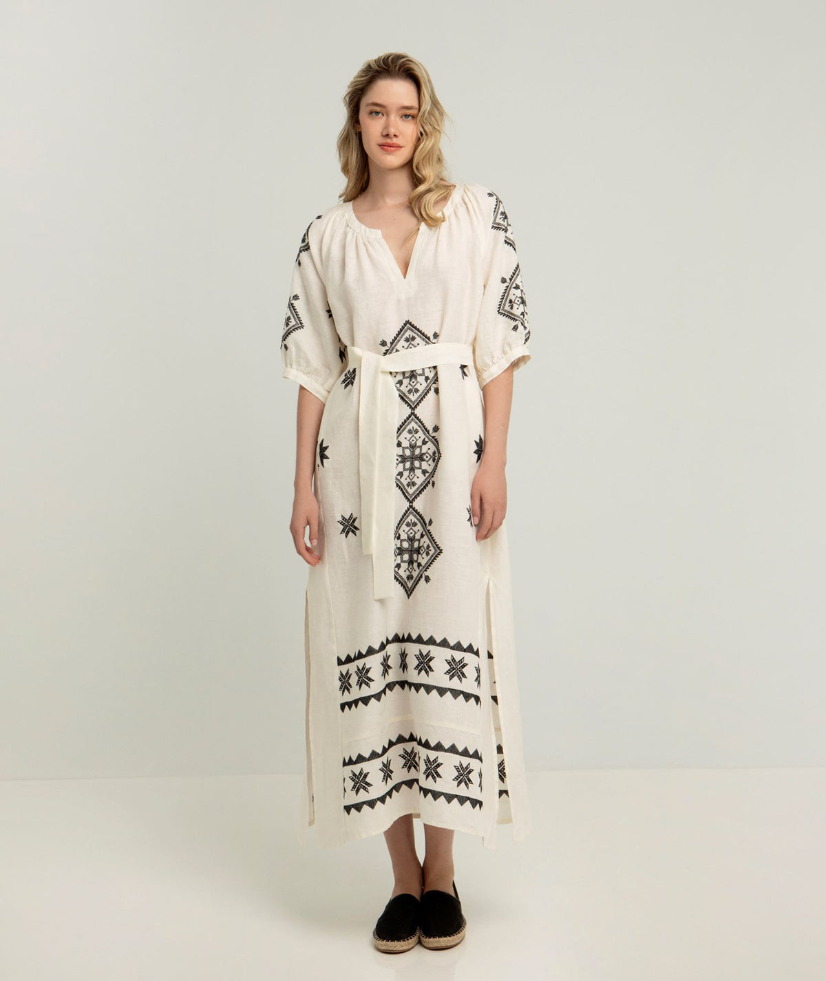 Greek Archaic Kori | Ivory black linen embroidered Lefkada belted midi dress