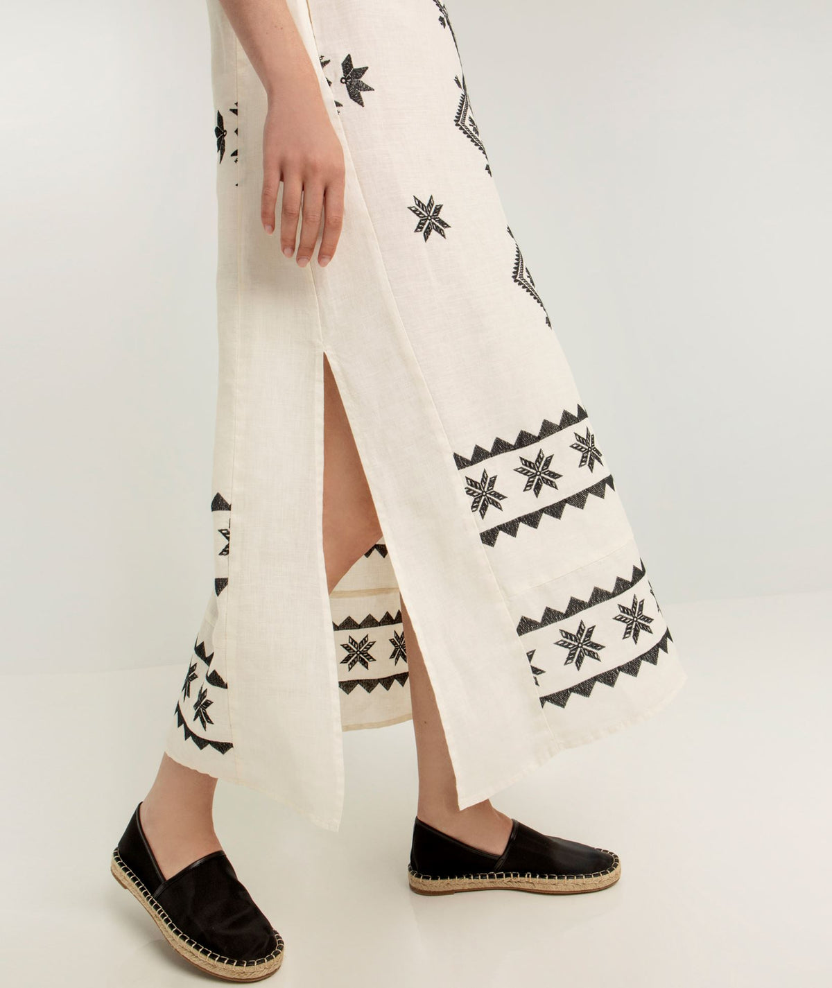 Greek Archaic Kori | Ivory black linen embroidered Lefkada belted midi dress