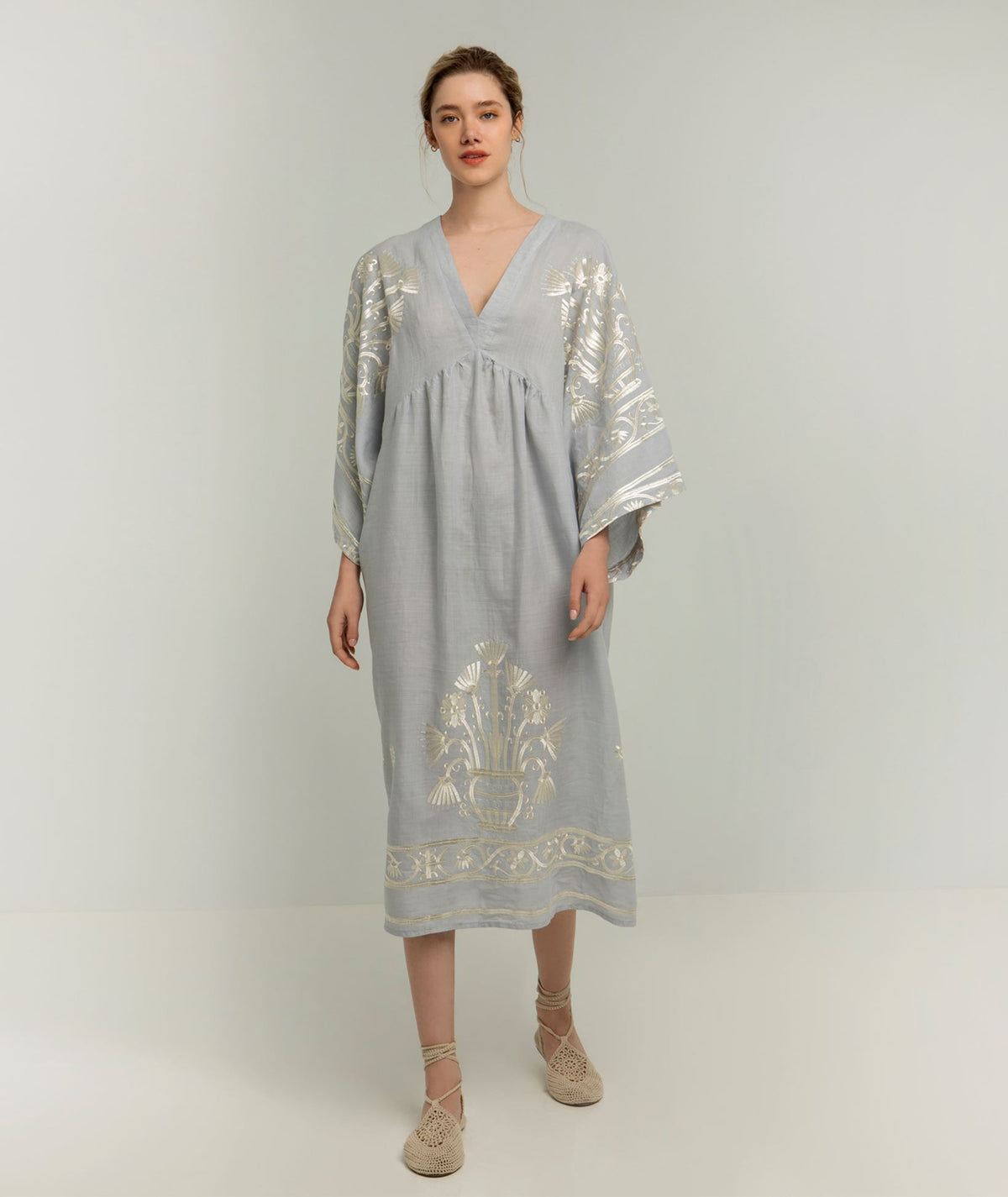 Greek Archaic Kori | Light grey champagne embroidered Crete midi dress