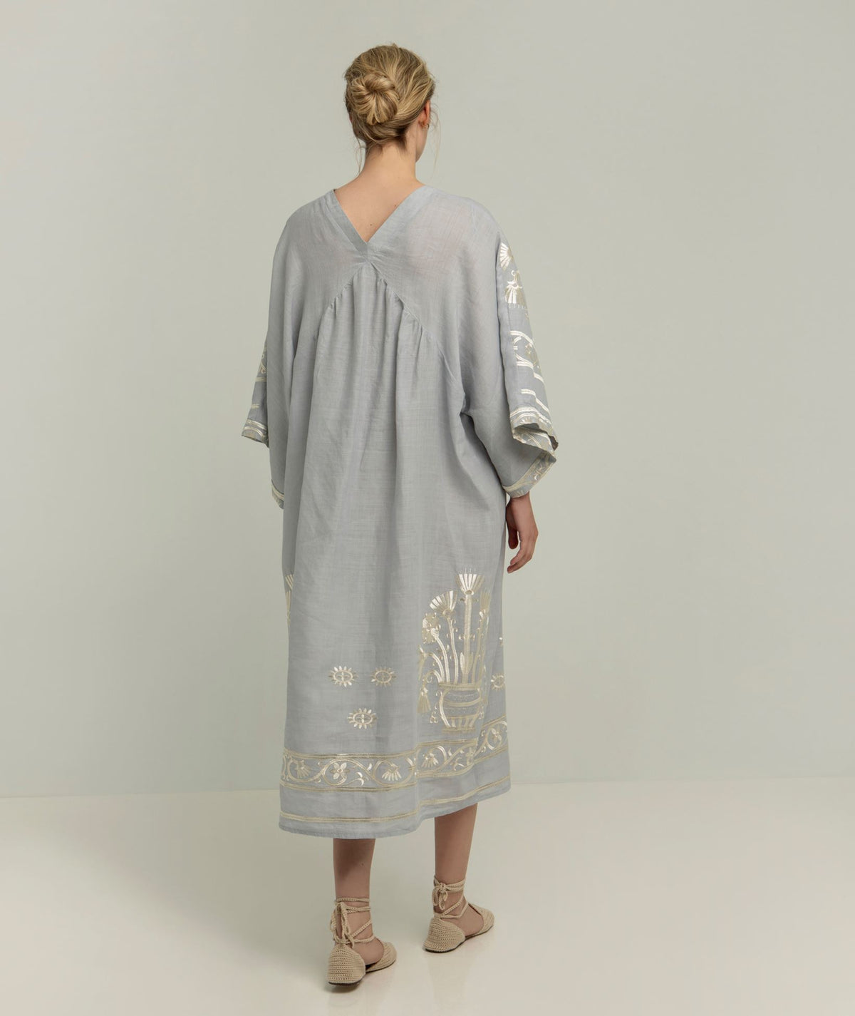 Greek Archaic Kori | Light grey champagne embroidered Crete midi dress