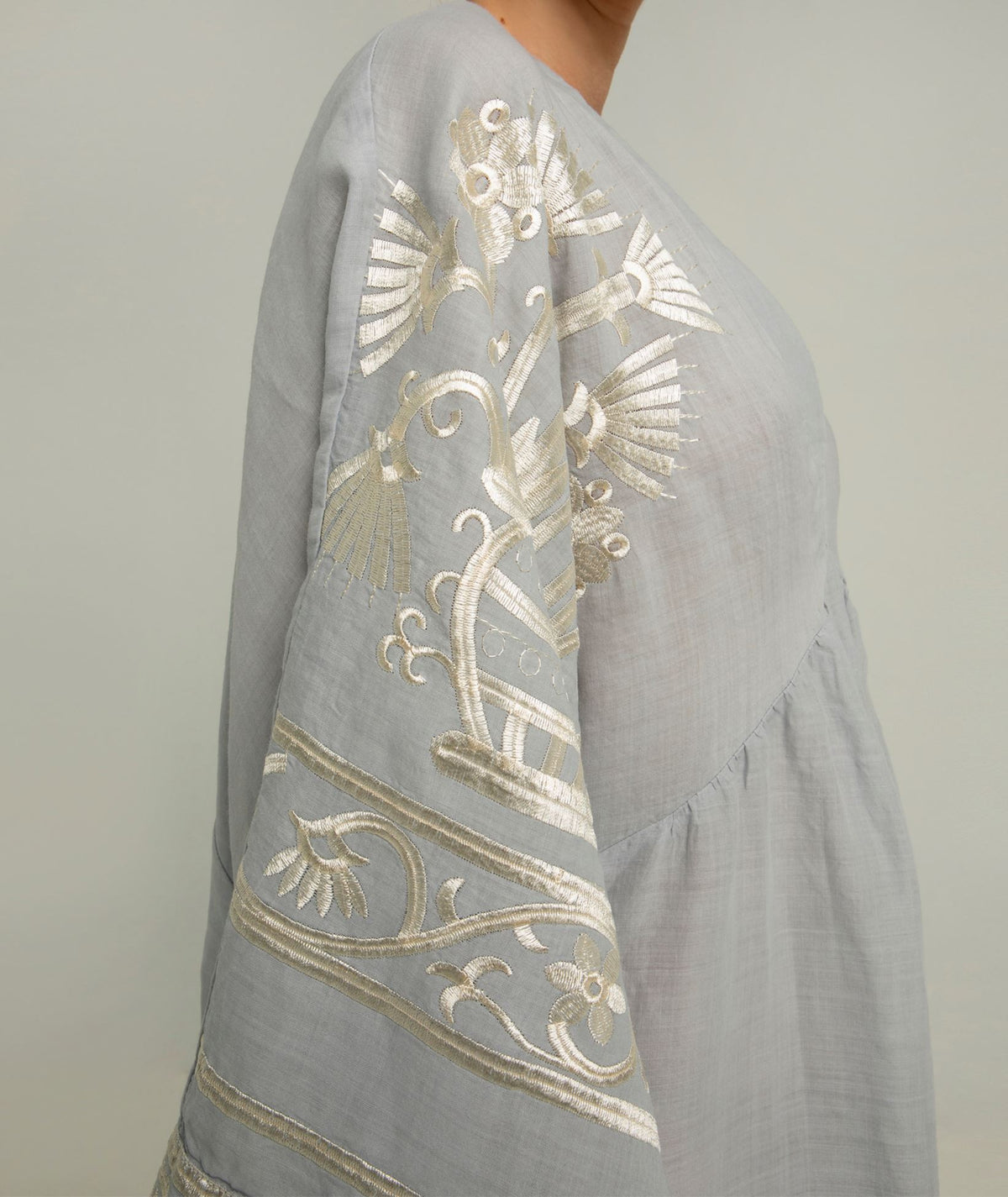 Greek Archaic Kori | Light grey champagne embroidered Crete midi dress