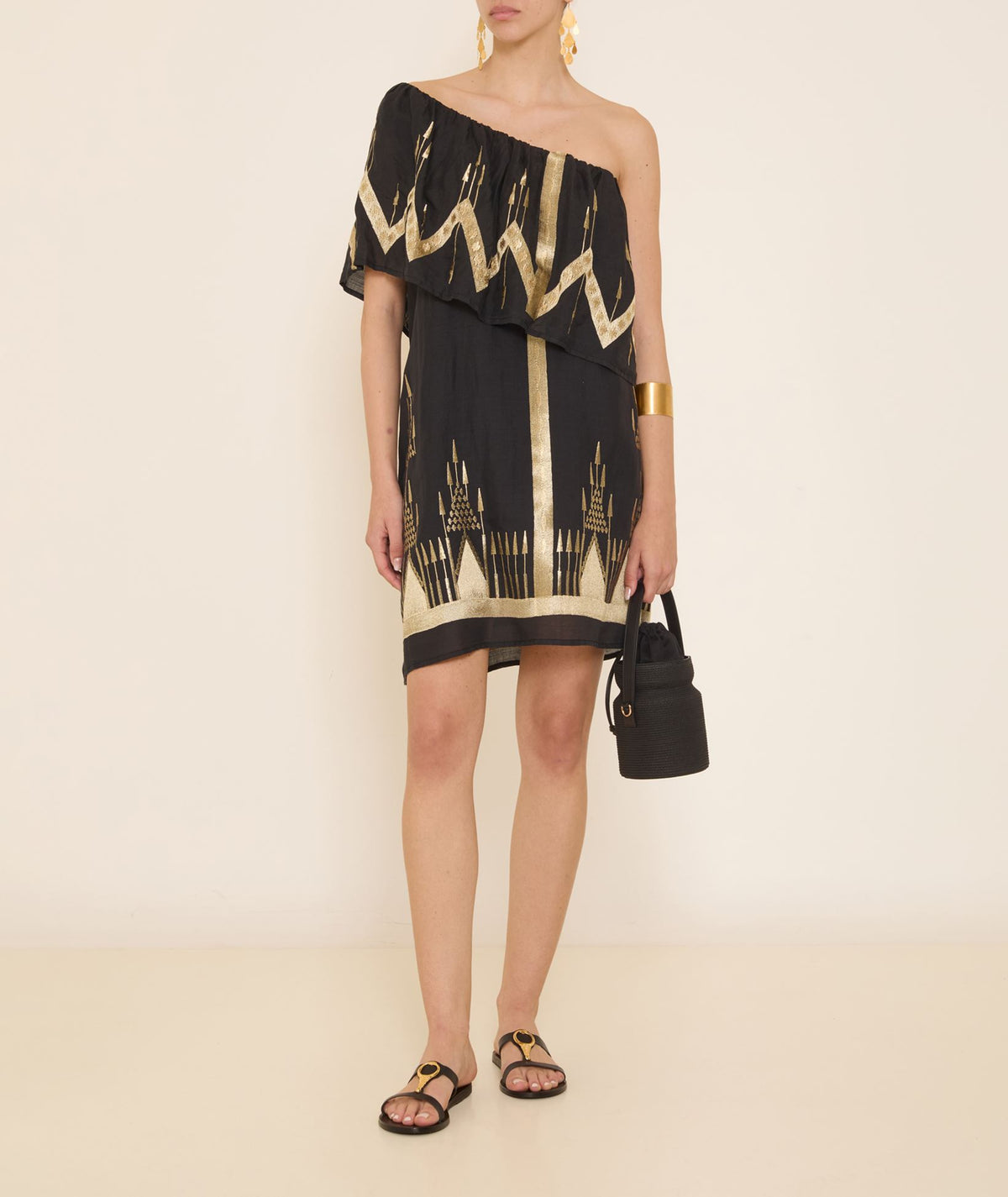 Greek Archaic Kori | Black gold embroidered Roots one shoulder mini dress