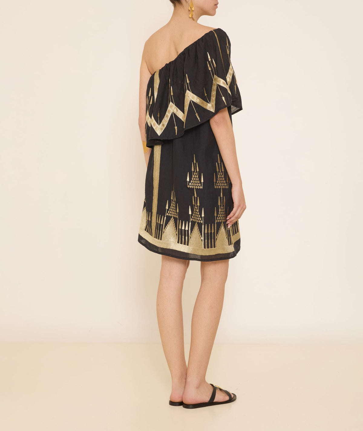 Greek Archaic Kori | Black gold embroidered Roots one shoulder mini dress