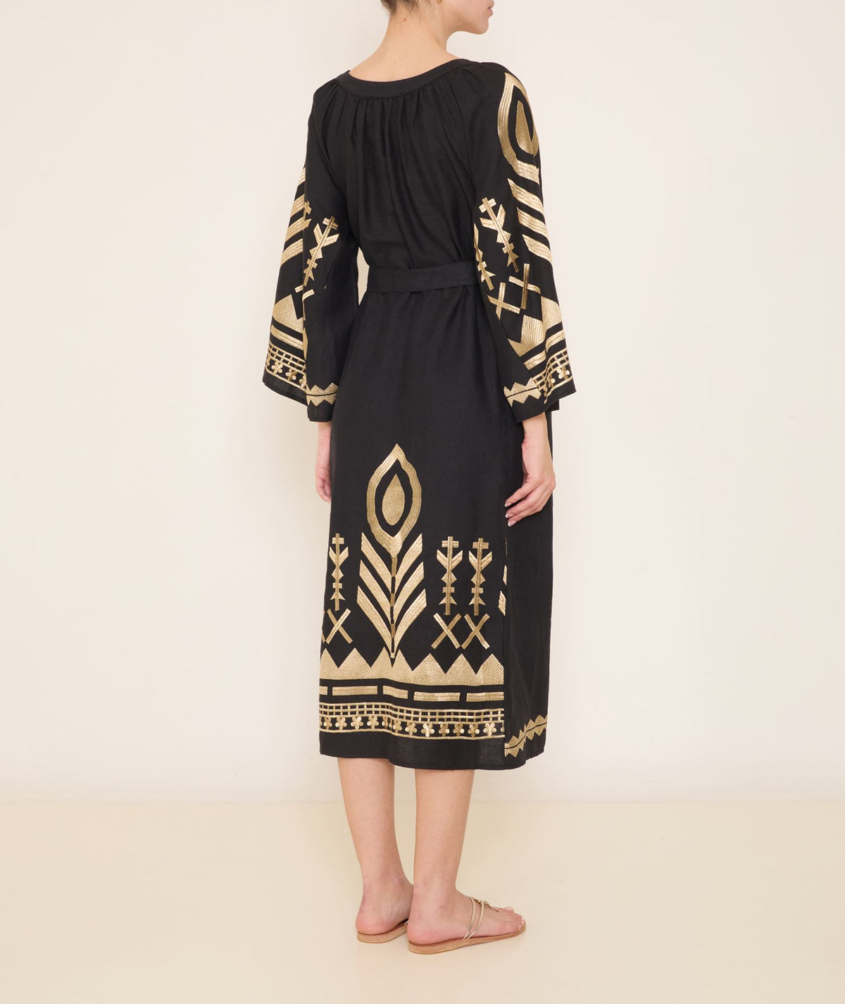 Greek Archaic Kori | Black gold linen embroidered Feather midi shirt dress