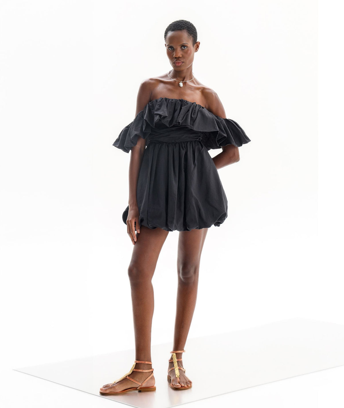 Lace | Black cotton off shoulder ruffled Melia mini dress
