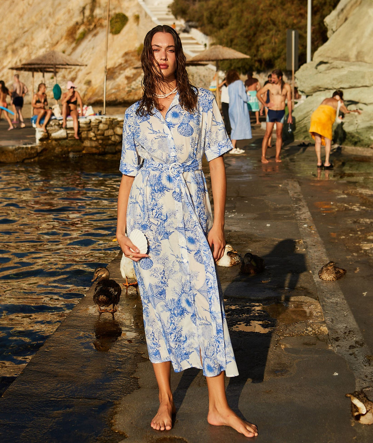 Evi Grintela | White blue printed cotton Valerie belted midi shirt dress