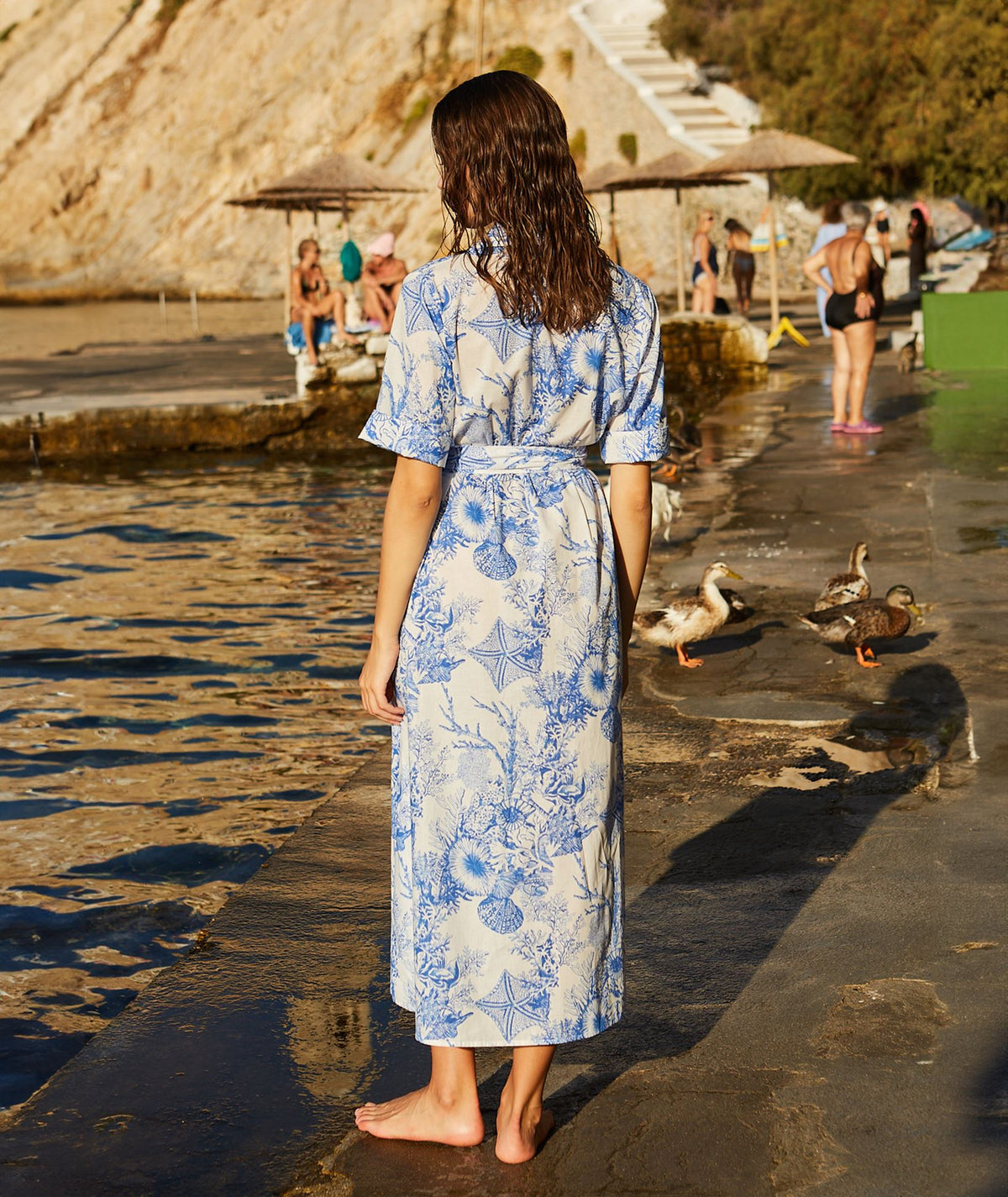 Evi Grintela | White blue printed cotton Valerie belted midi shirt dress