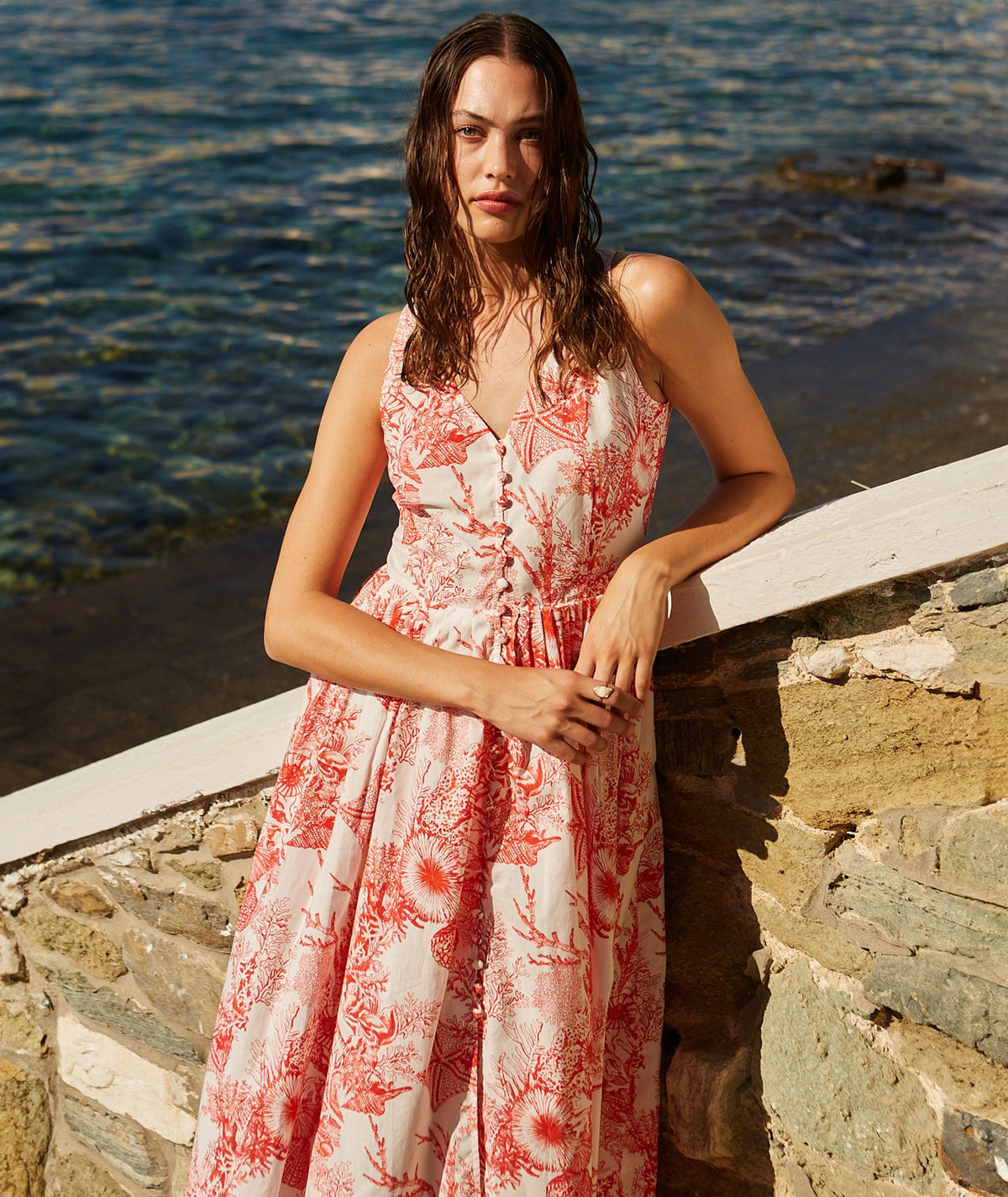 Evi Grintela | Red white printed cotton V-neck Artemis sleeveless shirt dress