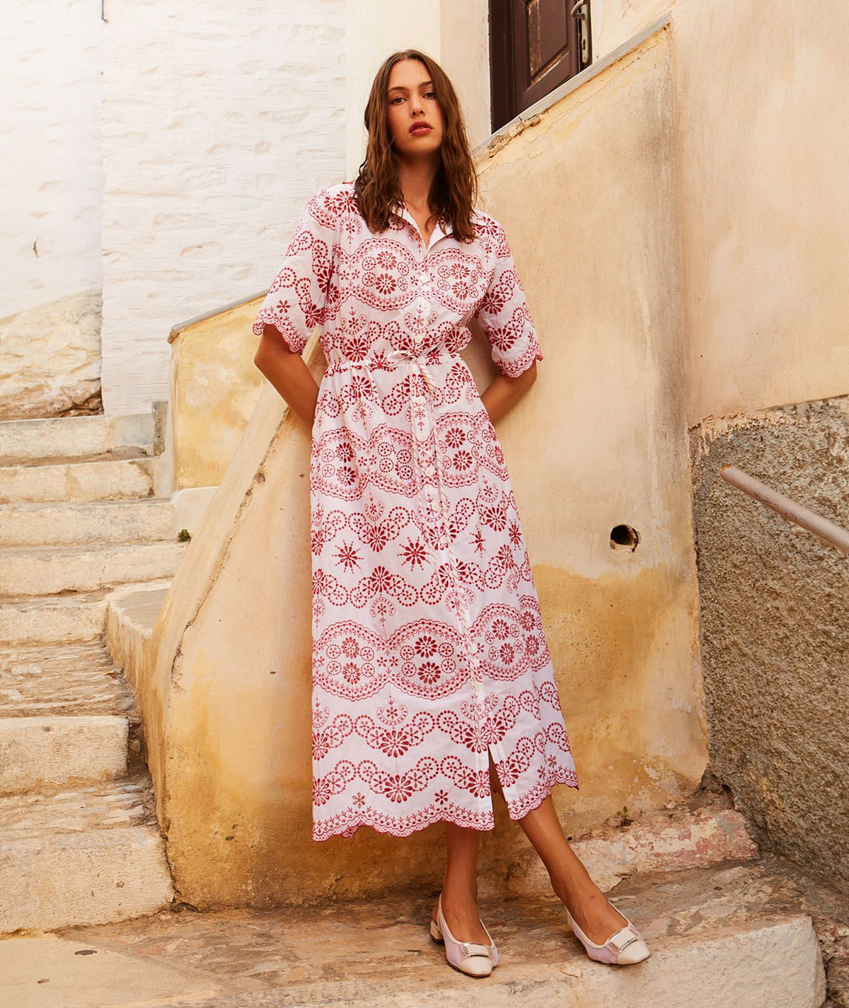 Evi Grintela | White red linen embroidered Valerie shirt dress