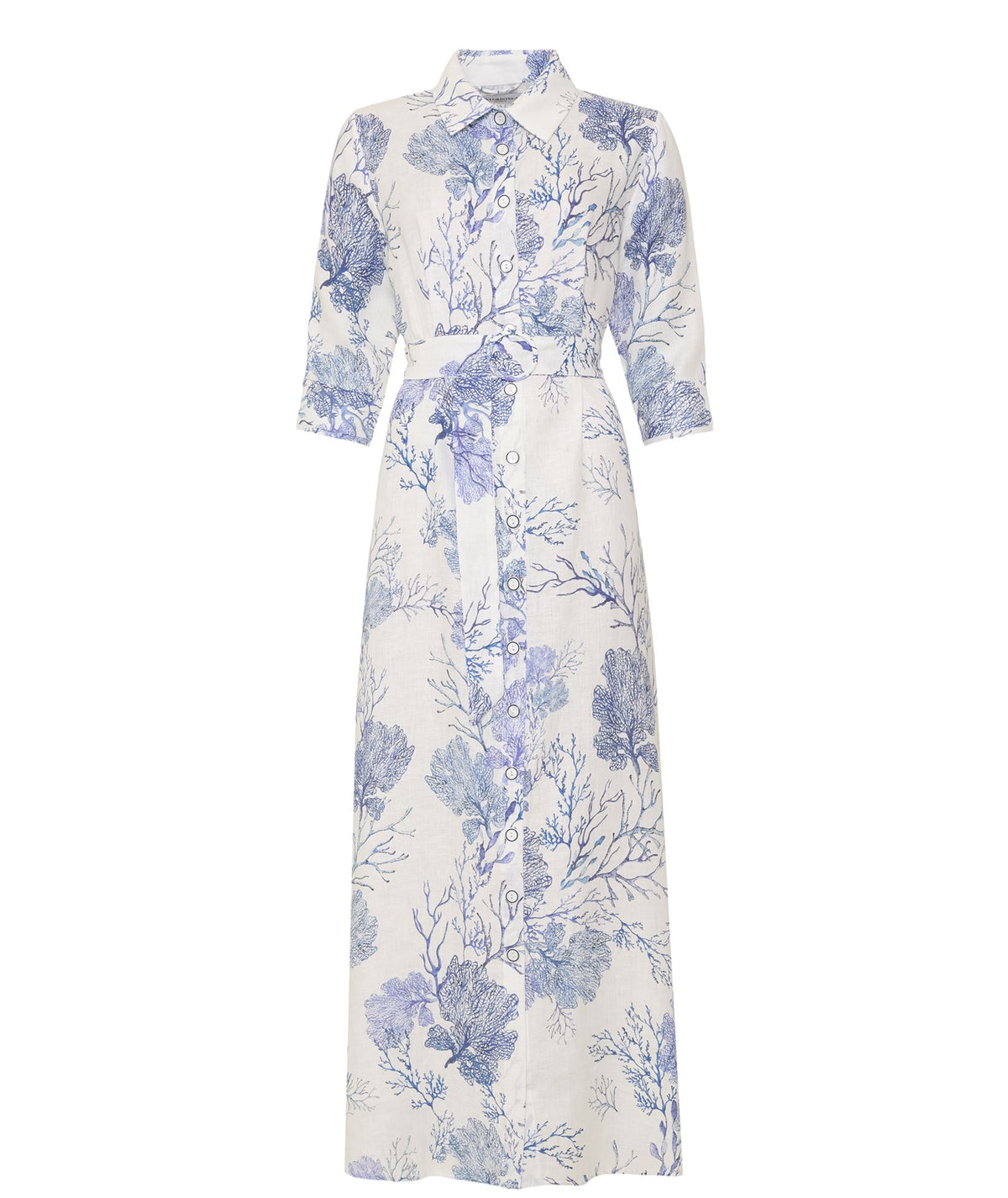 Evi Grintela | White blue printed linen Valerie belted long shirt dress