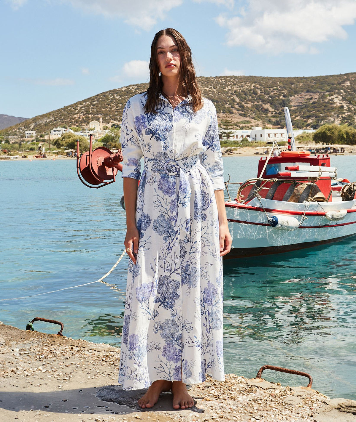 Evi Grintela | White blue printed linen Valerie belted long shirt dress