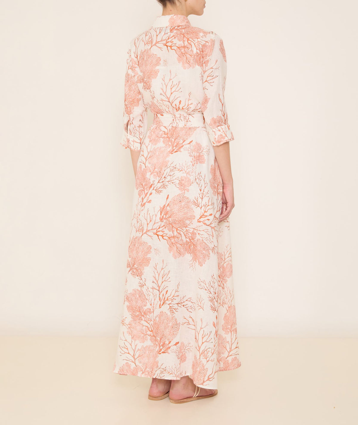 Evi Grintela | Orange white printed linen Valerie belted long shirt dress