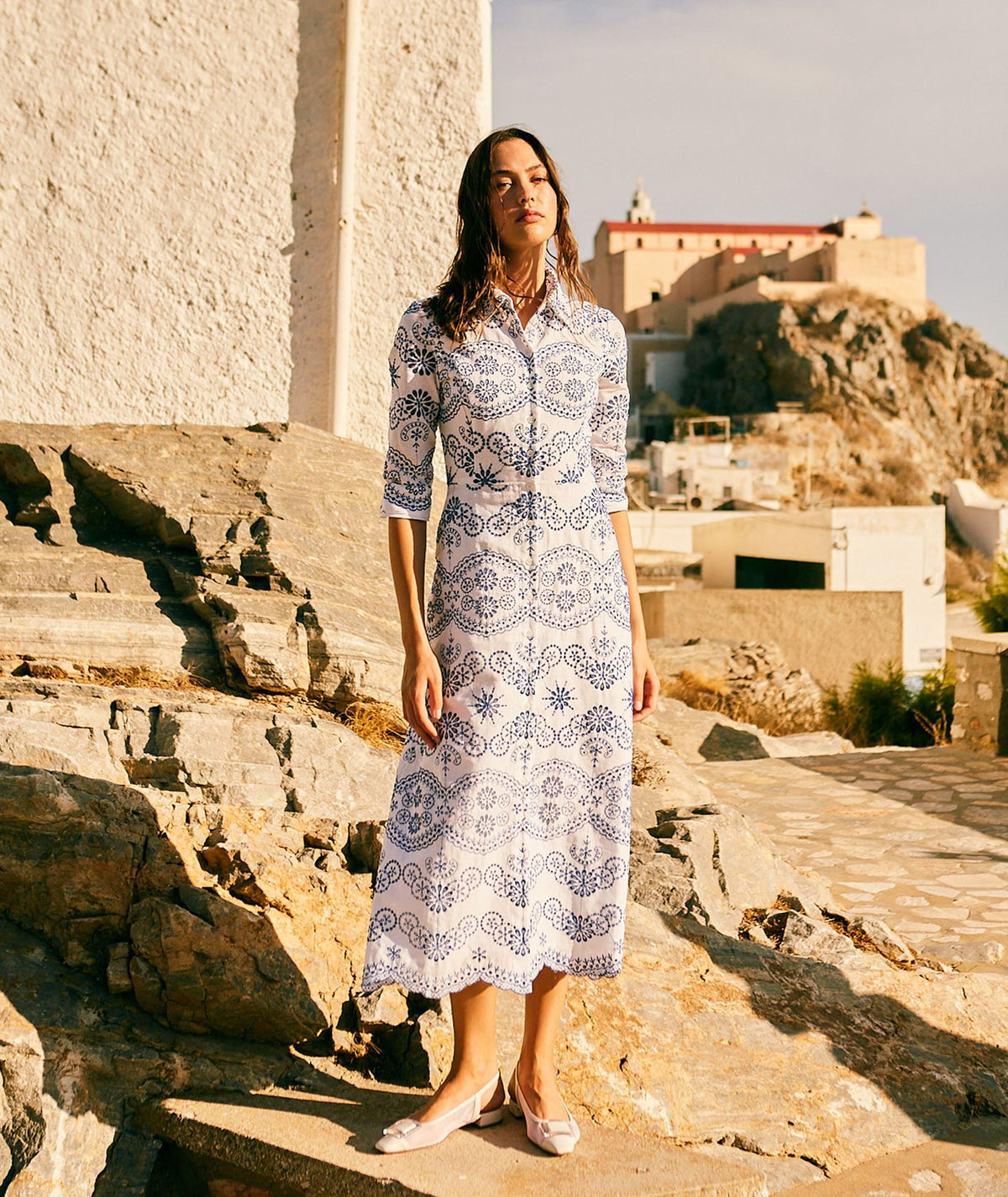 Evi Grintela | White blue linen embroidered Cara midi shirt dress