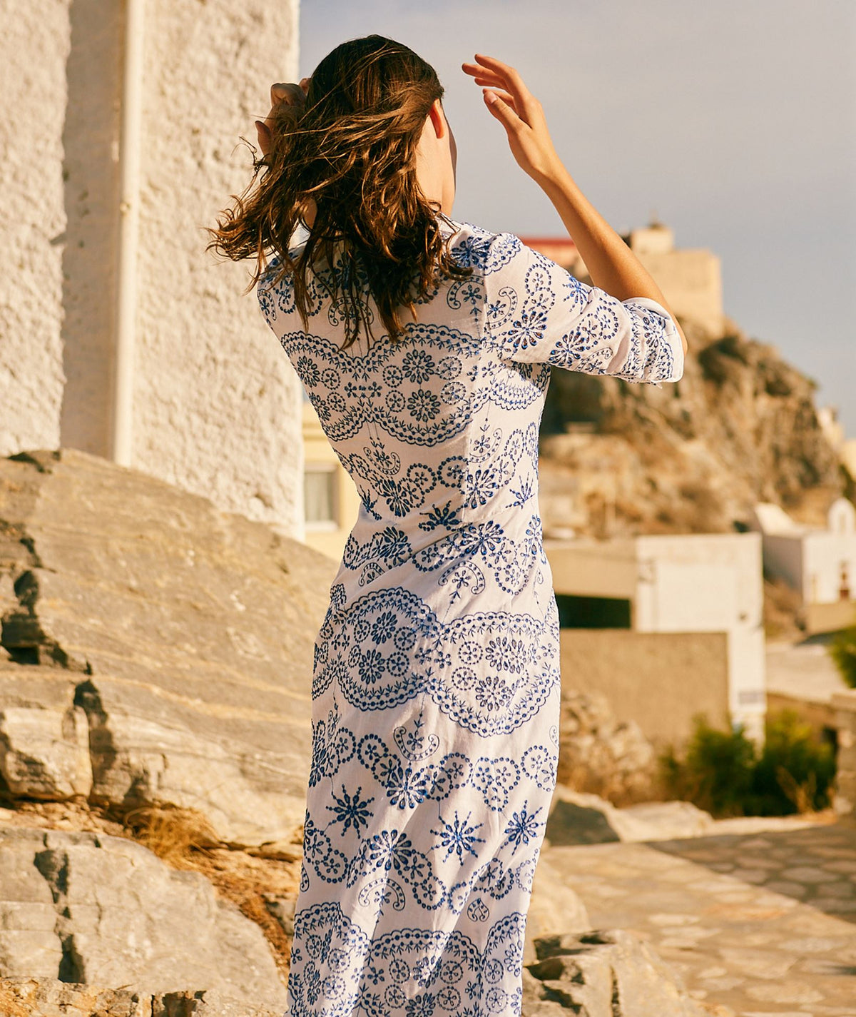 Evi Grintela | White blue linen embroidered Cara midi shirt dress