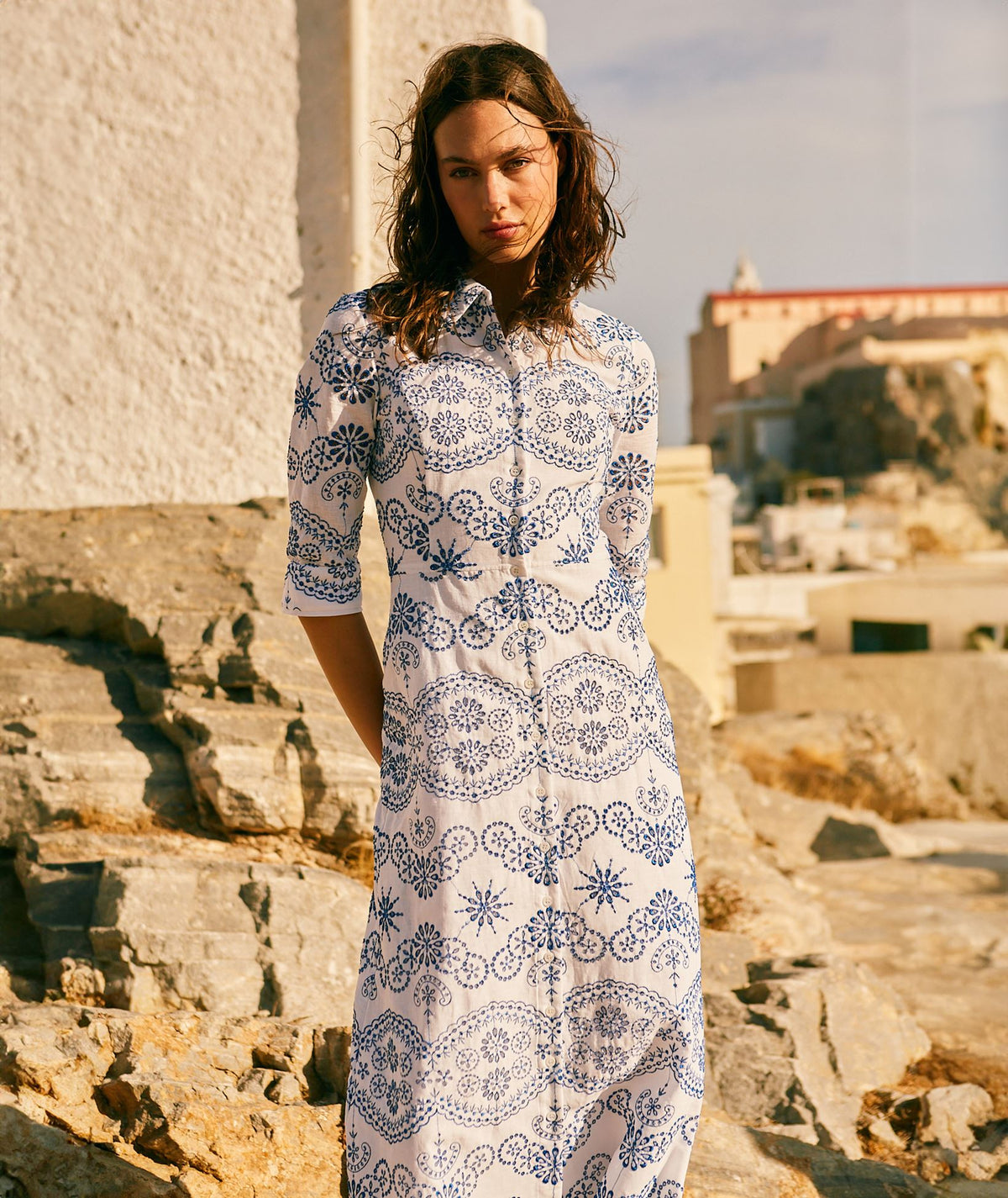 Evi Grintela | White blue linen embroidered Cara midi shirt dress