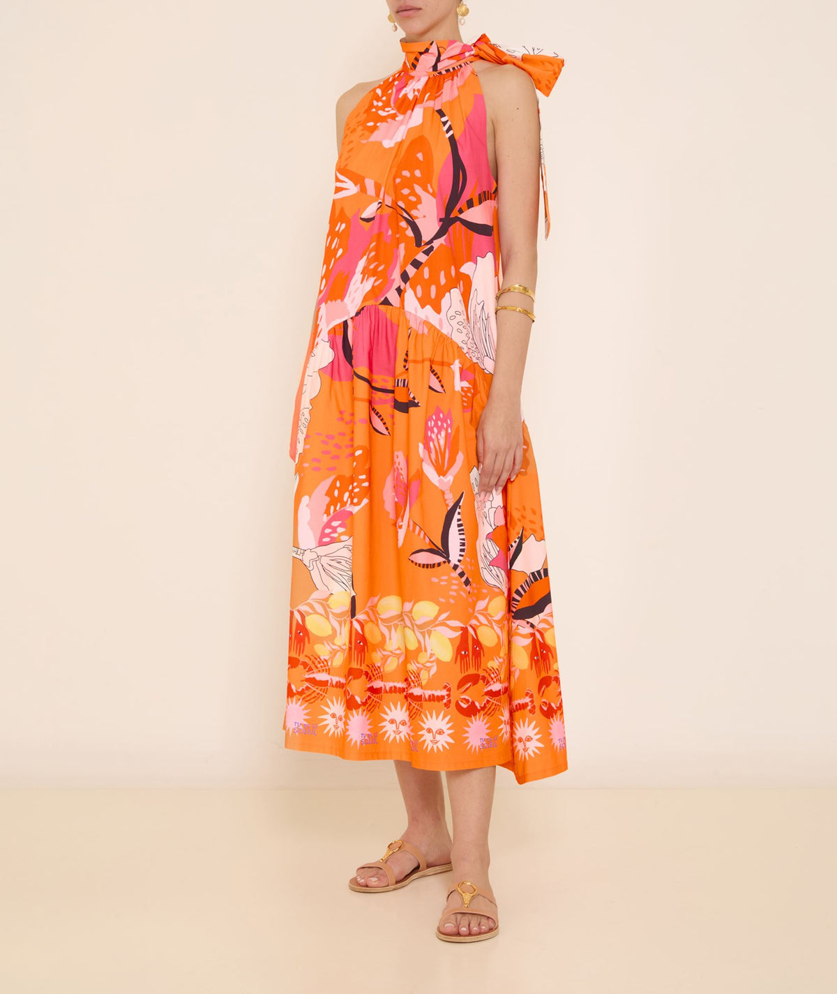 Laviate | Orange multicolor floral cotton halter midi dress