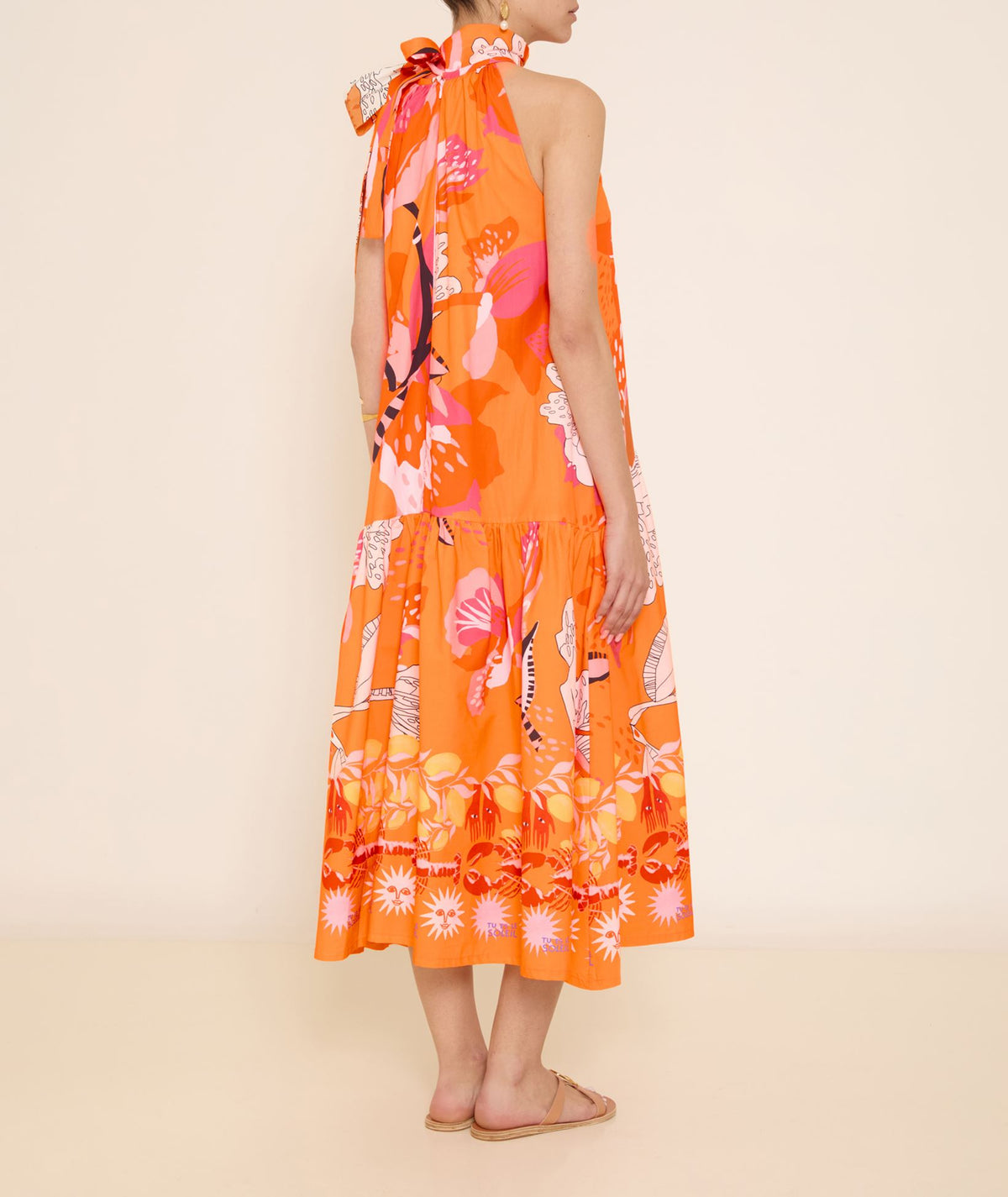 Laviate | Orange multicolor floral cotton halter midi dress