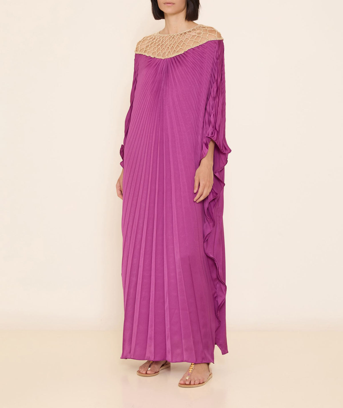 Sadh | Purple gold pleated maxi kaftan dress with crochet