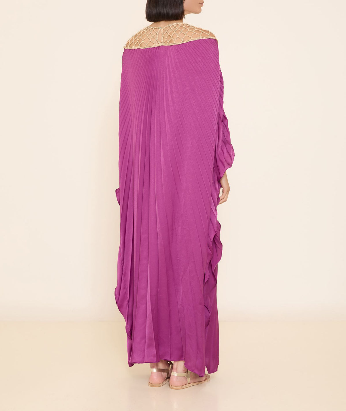 Sadh | Purple gold pleated maxi kaftan dress with crochet