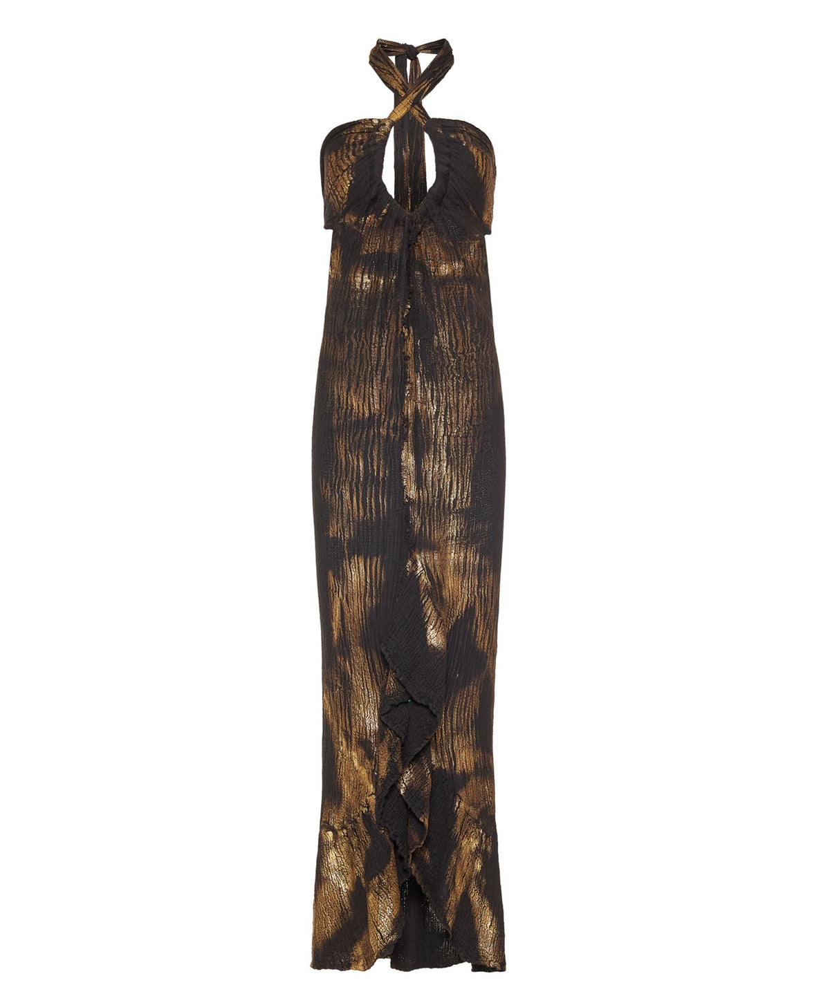 Zoya | Black linen gauze halter maxi dress with gold foil