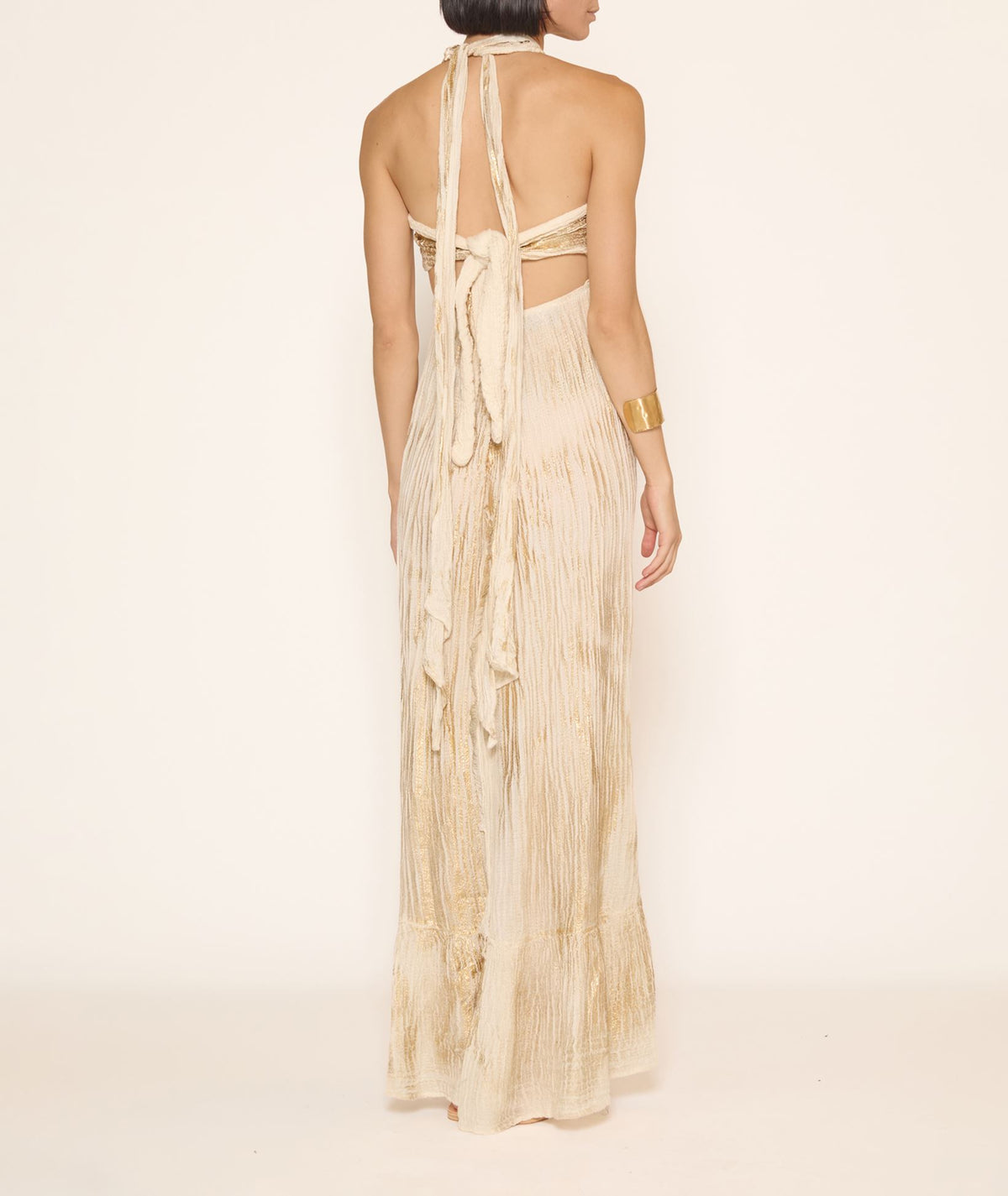 Zoya | Ecru linen gauze halter maxi dress with gold foil