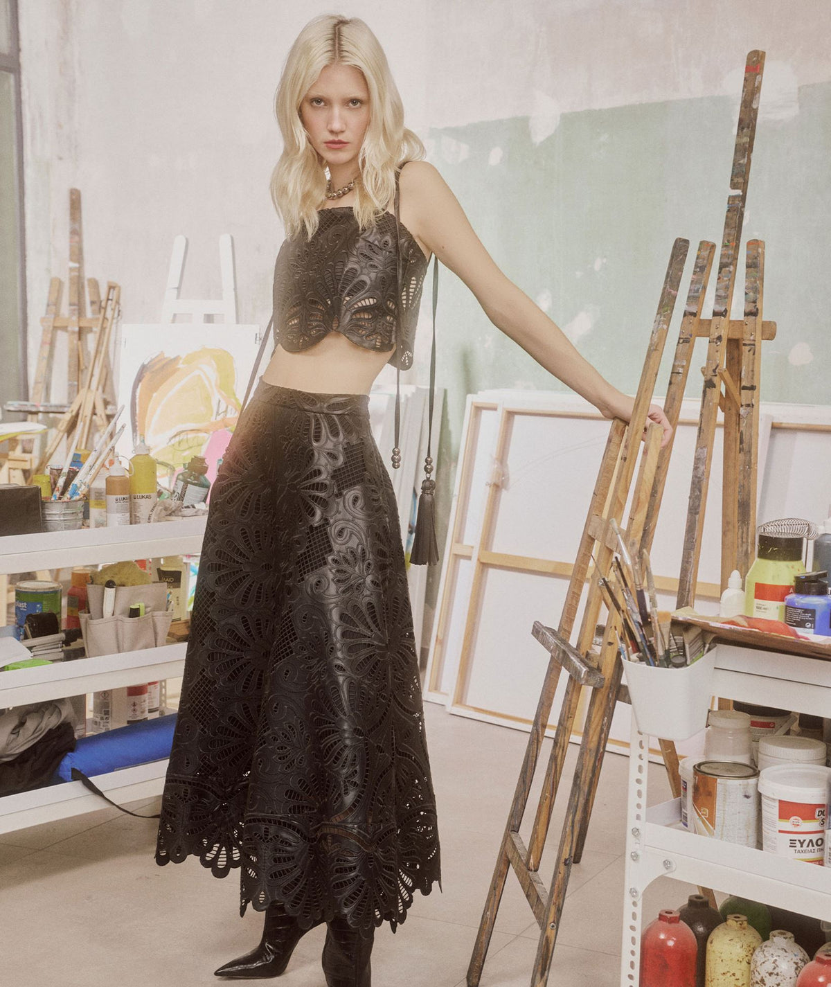 Lace | Black faux leather embroidered Naxos crop top