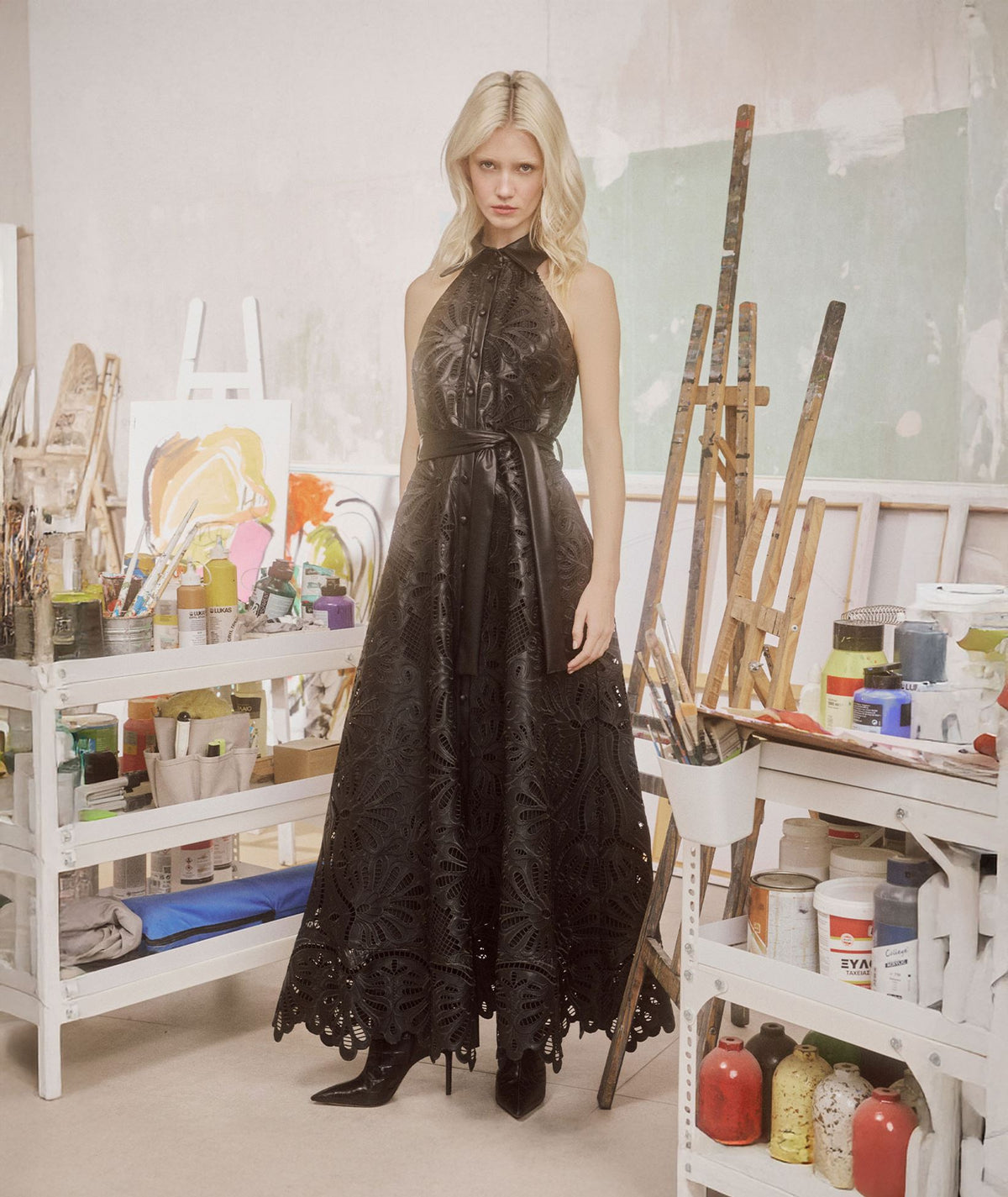 Lace | Black faux leather embroidered Hermione shirt dress