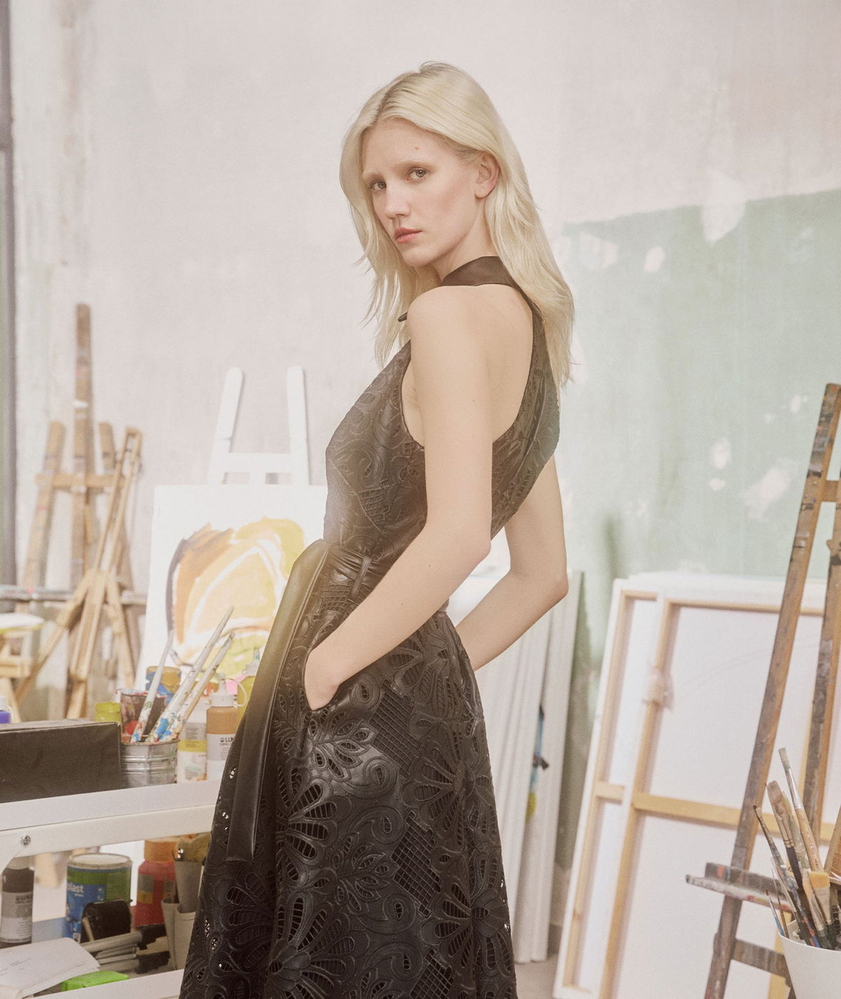 Lace | Black faux leather embroidered Hermione shirt dress
