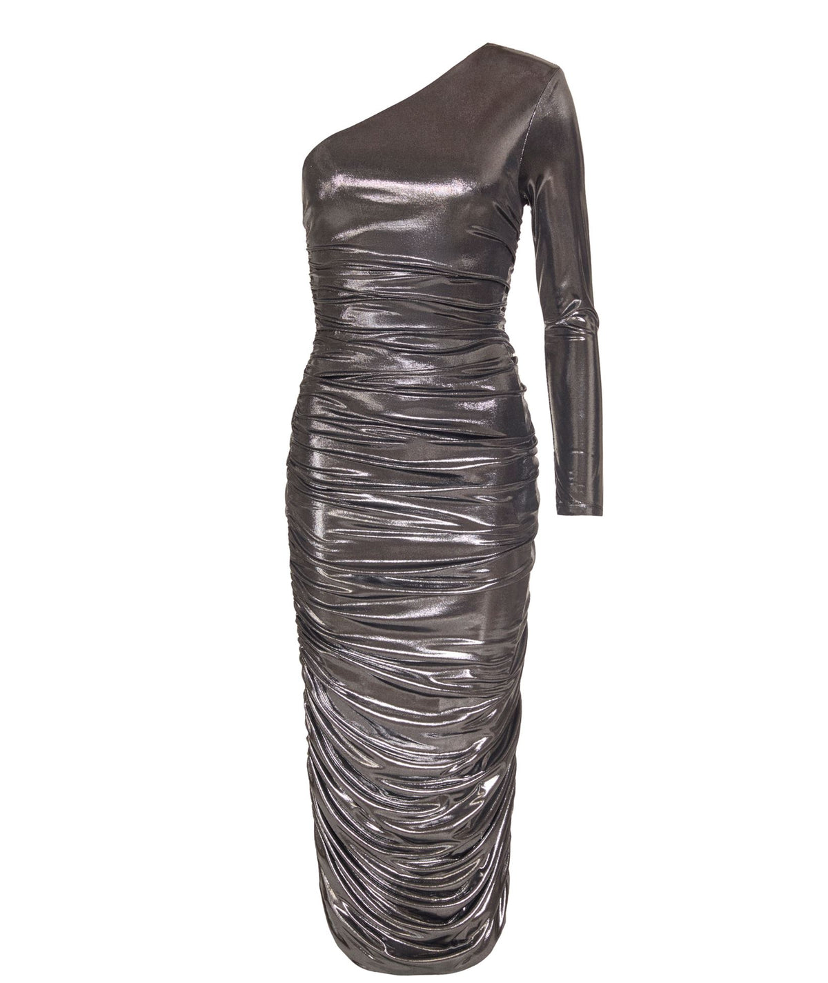 Zoya | Silver metallic draped one shoulder midi dress