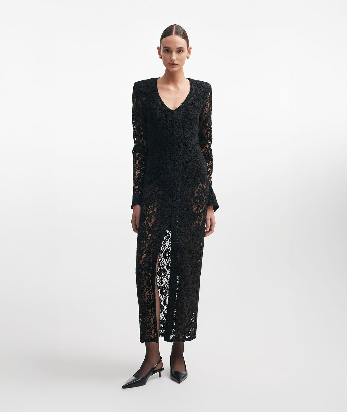 Nadia Rapti | Black velvet lace Lacer maxi dress