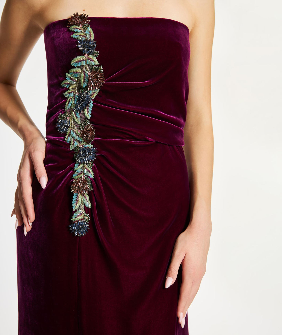 Costarellos | Magenta silk velvet blend crystal-embellished Brisha gown