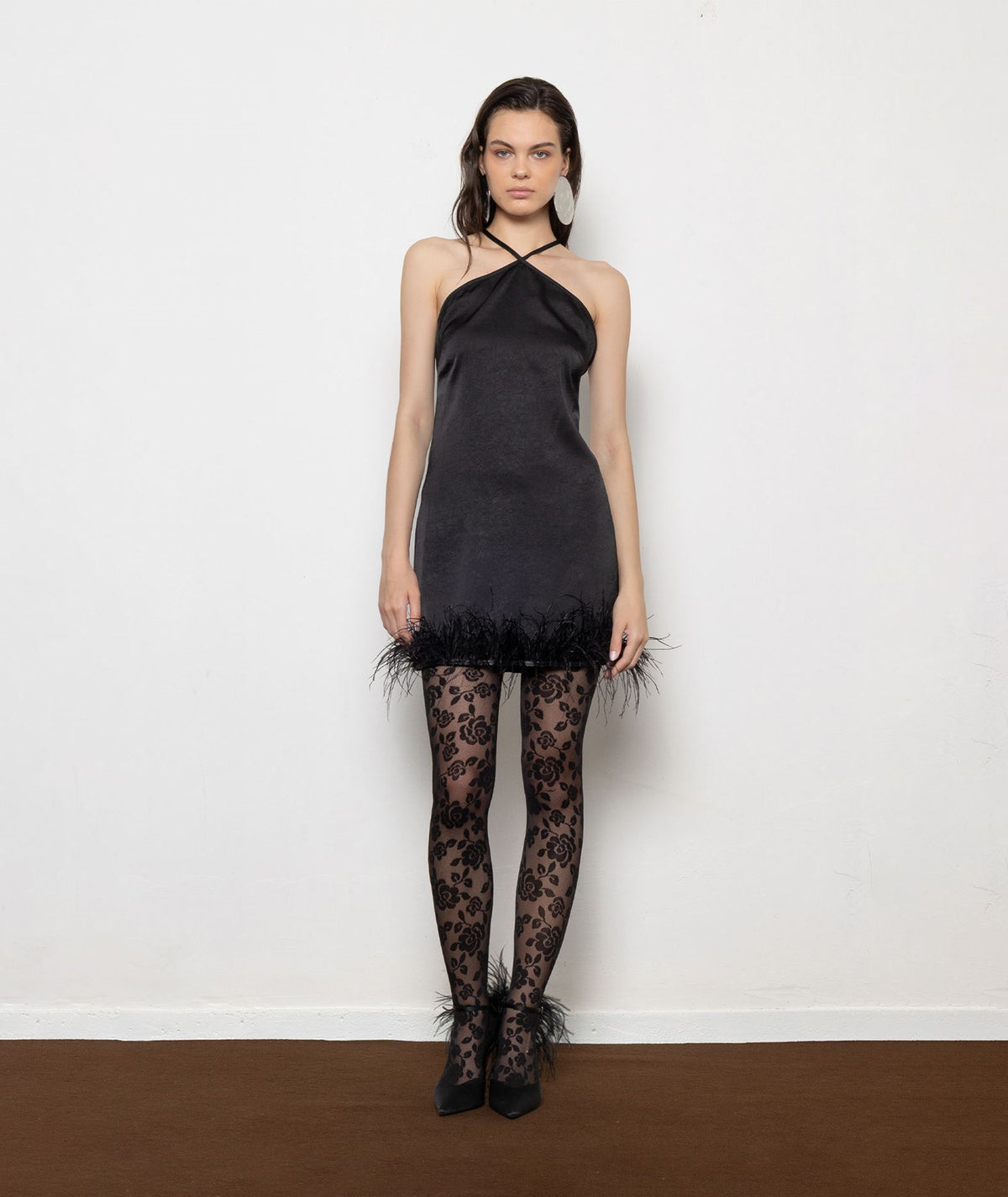 Mallory The Label | Black satin feather trimmed Kiss Me Later mini dress